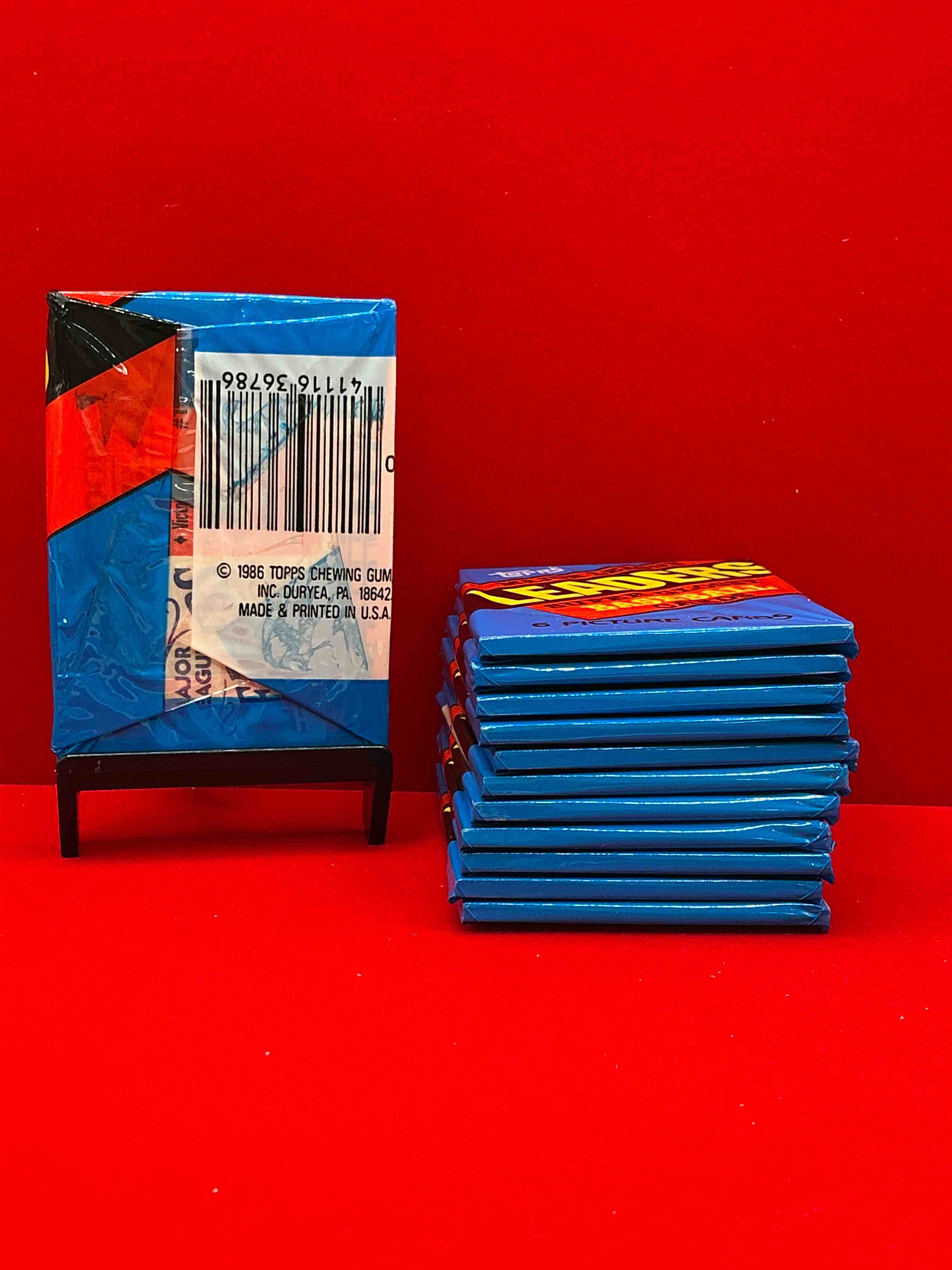 Condition photo showing New/Like New for ultra rare! 1986 "mlb leaders" unopened miniature baseball collectible card packs, 6 cards per pack, direct from original retail case. super rare, impossible to find! like new condition!