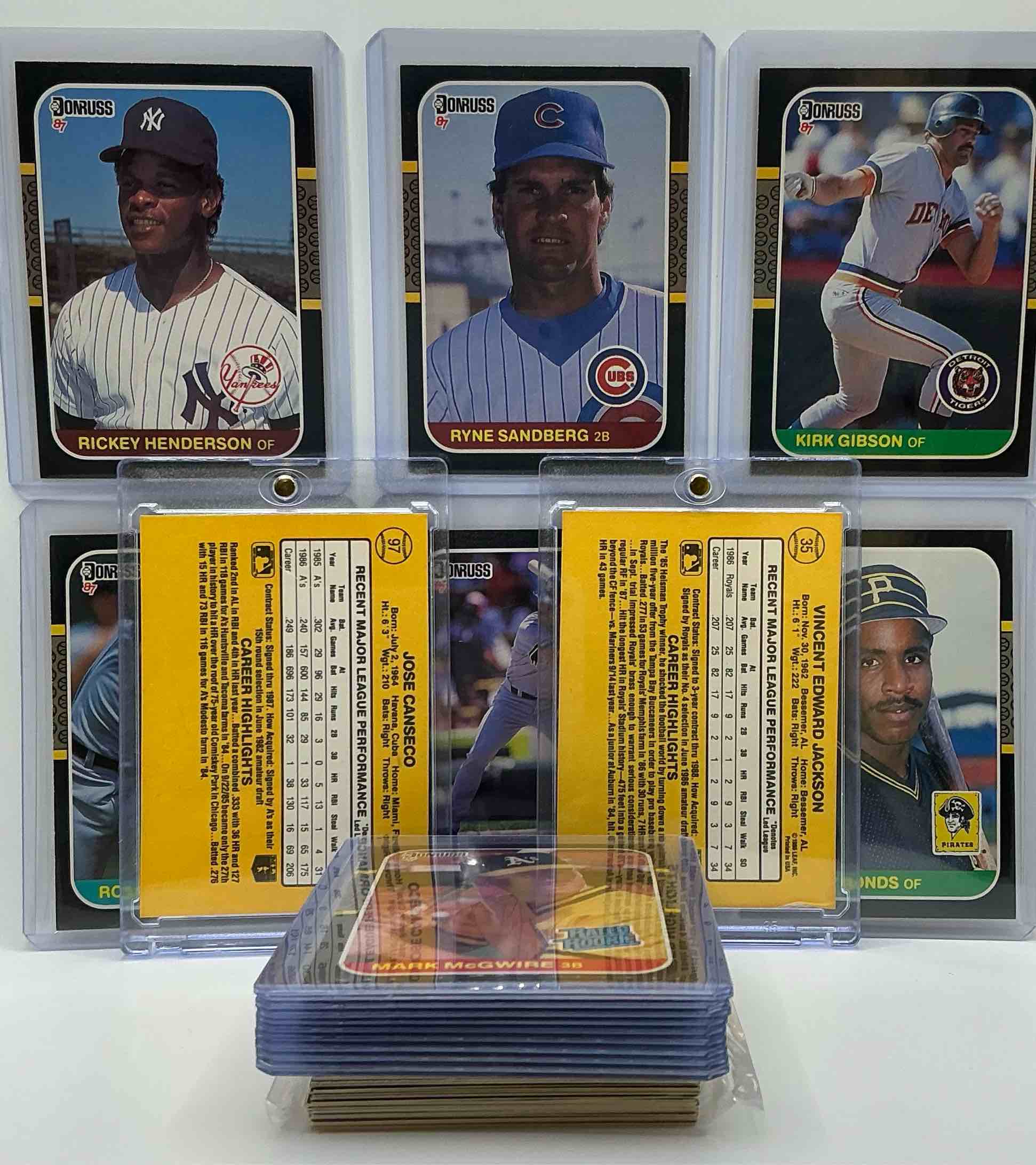 Condition photo showing New/Like New for beautiful bo jackson, mark mcgwire & greg maddux donruss rated rookie cards! wow! 1987 donruss ultra rare baseball card collection! includes legends like bo jackson, kirk gibson, rickey henderson, jose canseco & more! 50 card lot! commons, legends & more!