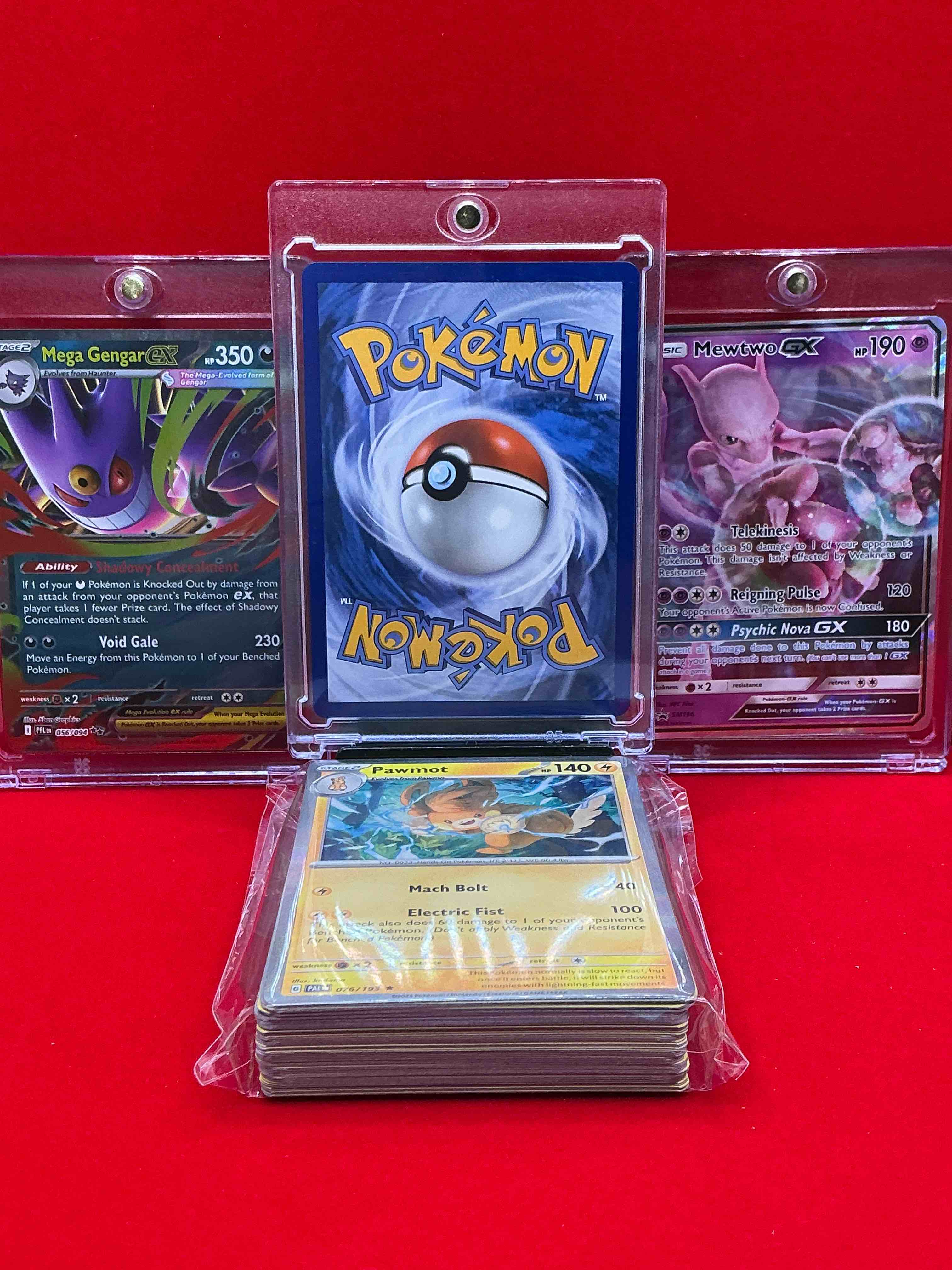Condition photo showing New/Like New for mega charizard, mewtwo gx, mega gengar ex & more! along with 50 other pokémon heroes, holos, legends & commons- including holographic cards, stage 2 cards, holos in all forms & more! also includes 36 non holo common/ uncommon basic & first stage cards trainers & energy too! perfect set for collectors & enthusiasts!