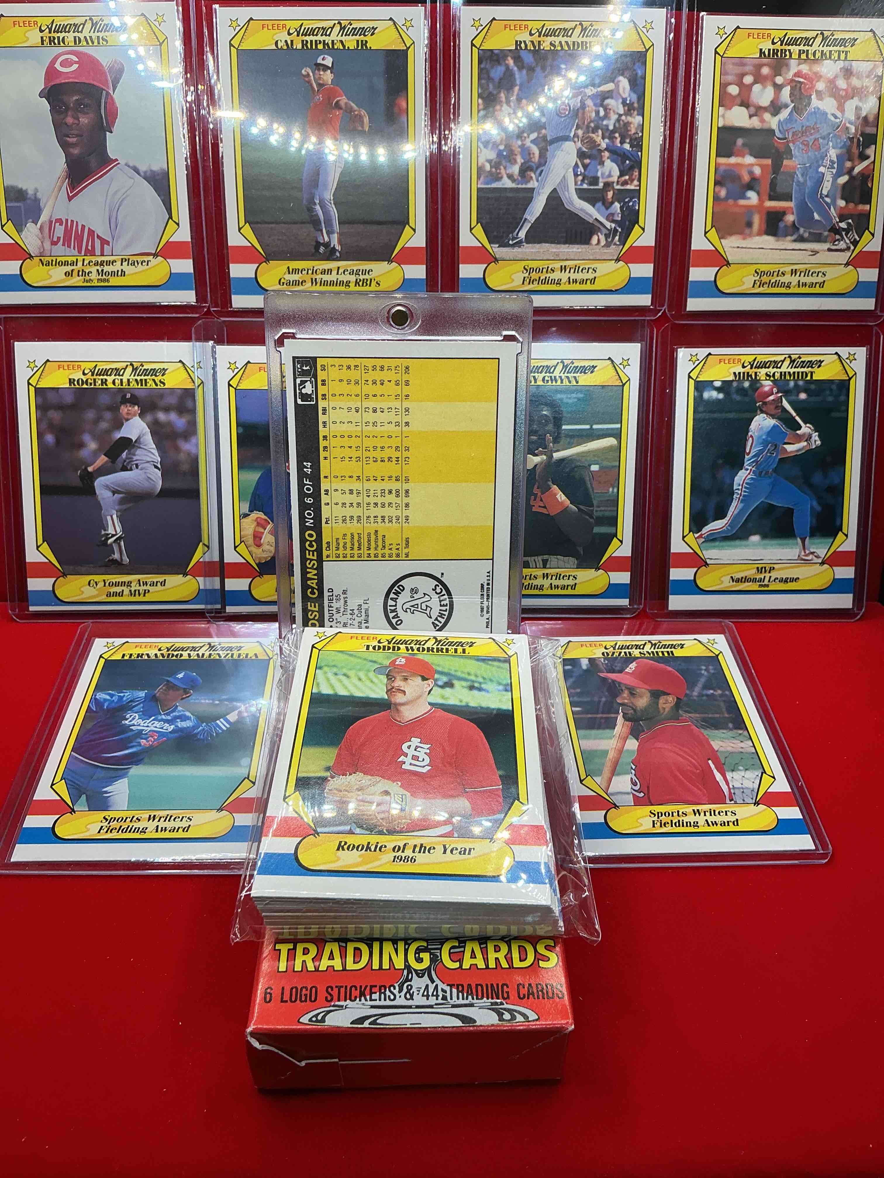 Condition photo showing New/Like New for 1987 fleer baseball “award winners!” 50 card craziness! the biggest names in baseball from the decade! pete rose, nolan ryan, roger clemens, don mattingly, darryl strawberry, wade boggs, ryne sandberg, cal ripken, rickey henderson & more! these cards are getting more & more rare by the day, don't miss this opportunity to have these rare 1987 baseball cards filled with baseball legends!