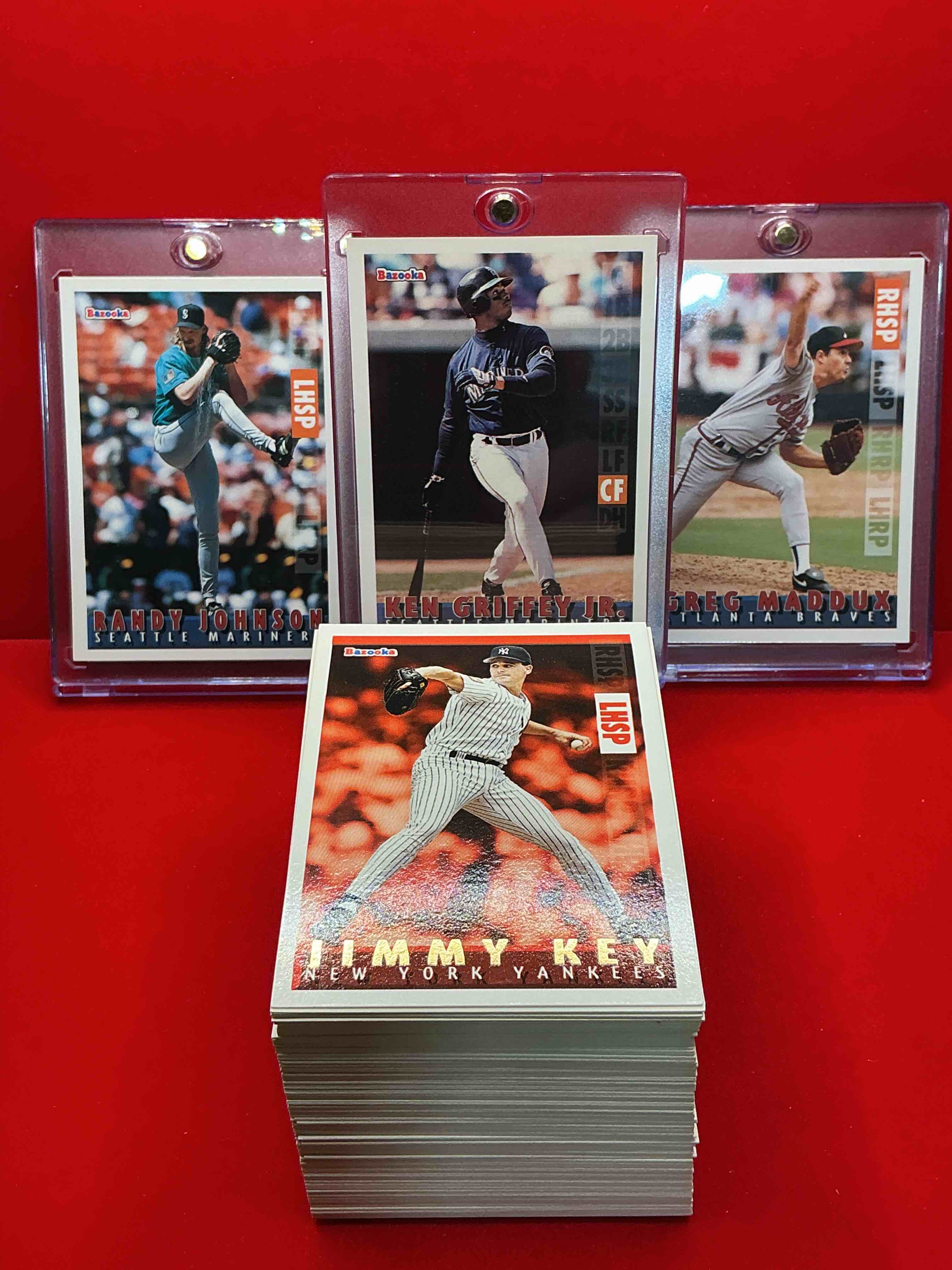 Condition photo showing New/Like New for bazooka baseball! frank thomas, ken griffey jr, derek jeter & more! 1995 bazooka baseball cards, complete collection of 132 cards! wow! all kinds of superstars, legends, heroes & more included! insane! bazooka!