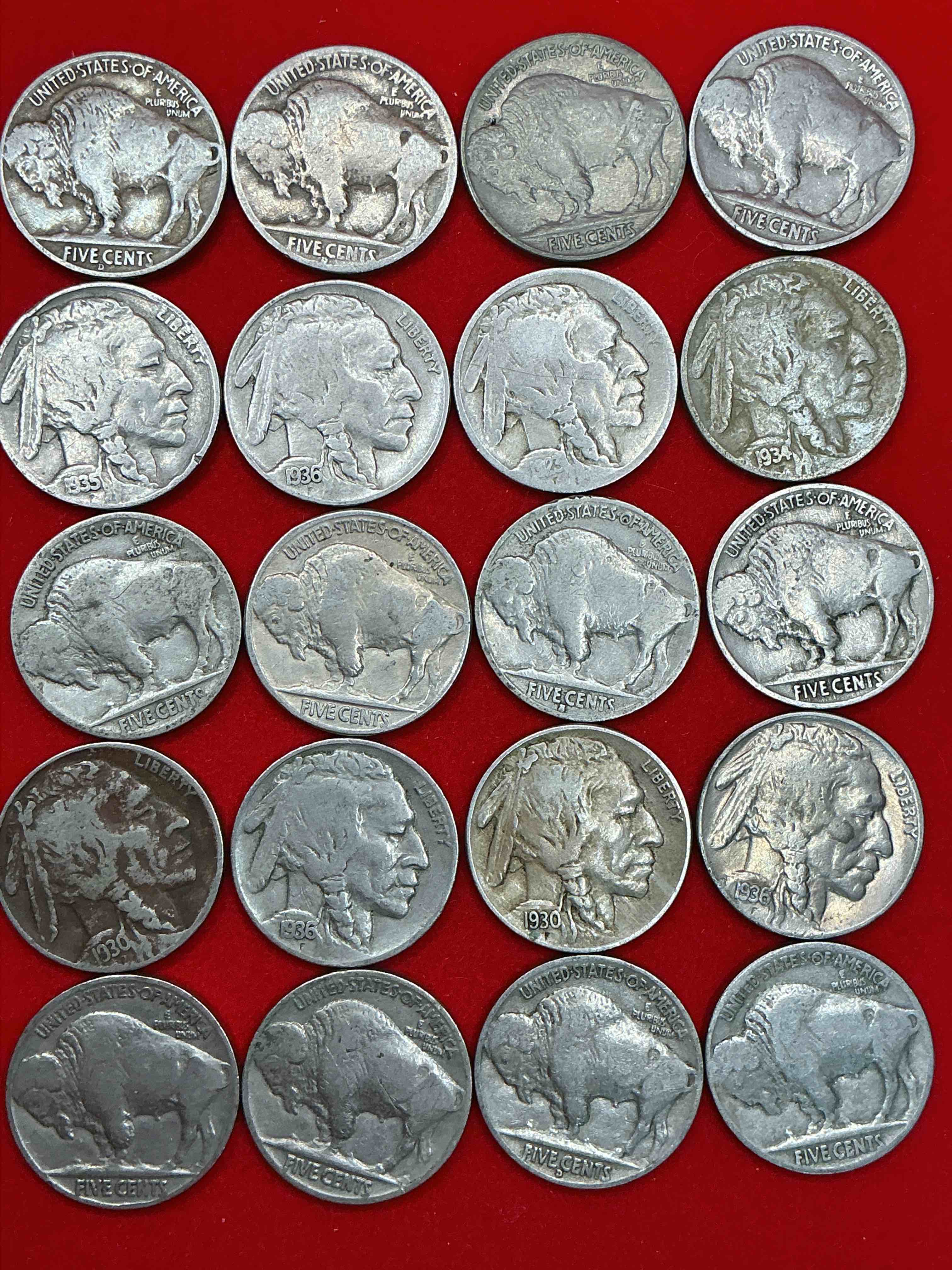 Condition photo showing Good Condition for historic buffalo nickels! indian head buffalo nickels were minted from 1913 to 1938 & have become a favorite for coin collectors around the world! own pieces of american history with these cool indian head buffalo nickels in circulated condition, most with visible dates which is very rare for buffalo nickels!