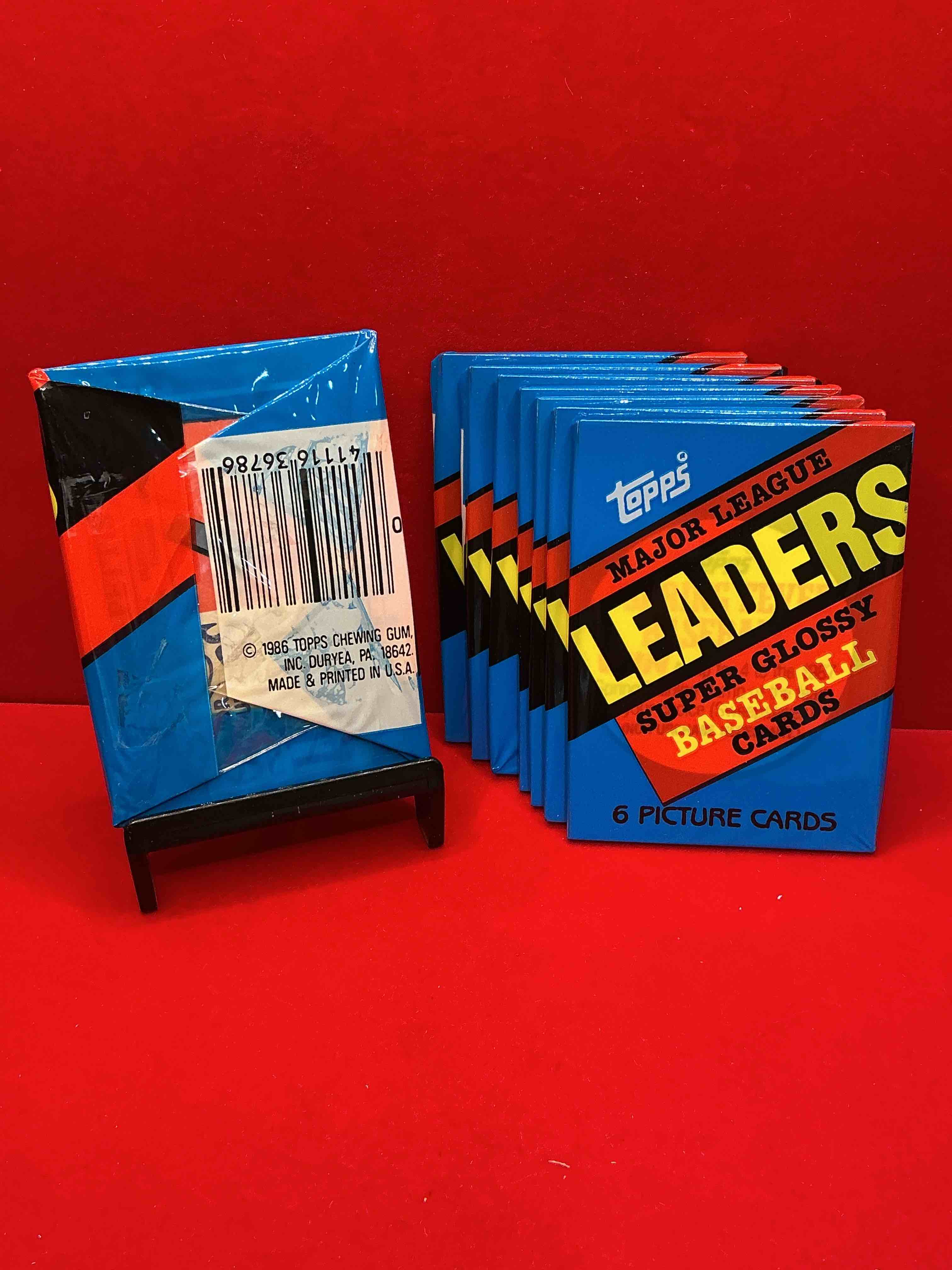 Condition photo showing New/Like New for ultra rare! 1986 "mlb leaders" unopened miniature baseball collectible card packs, 6 cards per pack, direct from original retail case. super rare, impossible to find! like new condition!