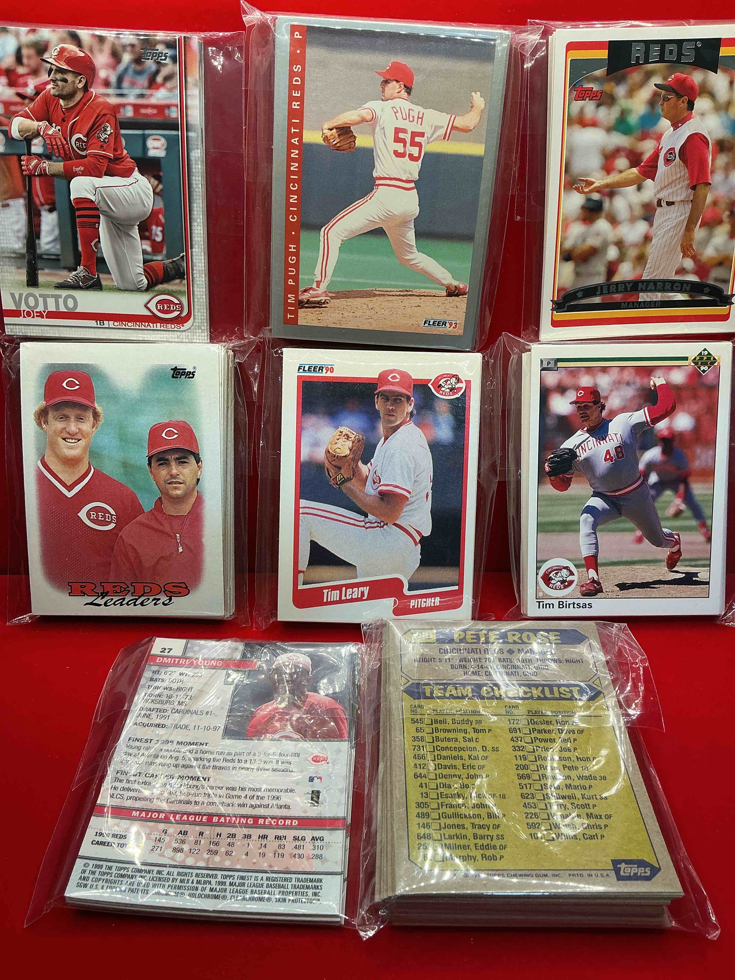Condition photo showing New/Like New for cincinnati reds fans rejoice! this lot includes 8 unique team sets ranging from 1987-2019 with all of your favorite ball players like pete rose, joey votto, dave parker, barry larkin, & so many more! this lot is perfect for any reds fan!