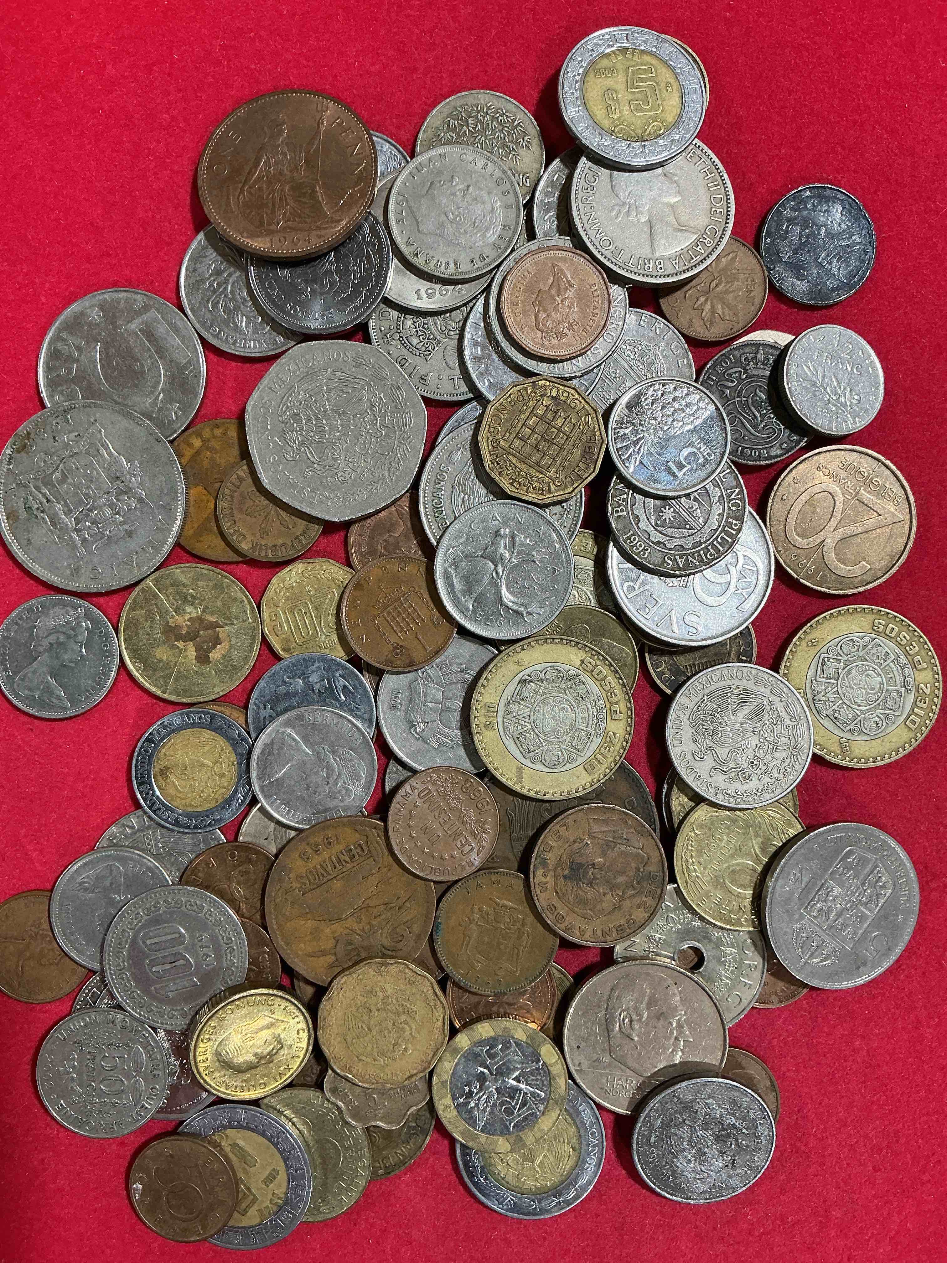 Condition photo showing Good Condition for world coins, antique & vintage! each lot is unique! many different years, countries, sizes & exotic places. this cool collection of antique coins from around the world is loads of fun! have fun identifying each coin & country as a great educational tool! a great investment too!