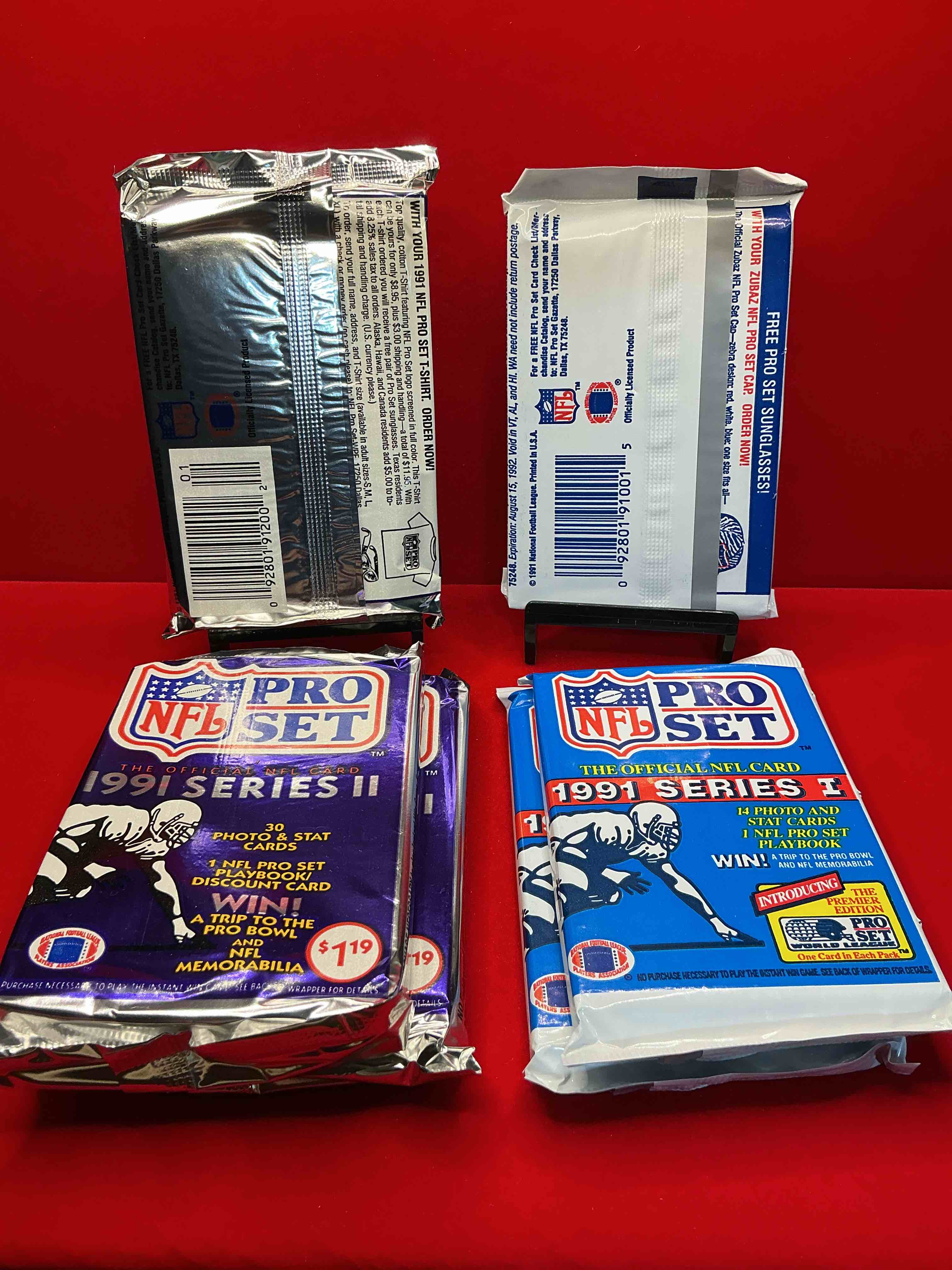 Condition photo showing New/Like New for wow! 1991 pro set football sealed card packs series i & ii(jumbo pack!), direct from original retail case!highly sought after by collectors as this year is loaded with high profile cards!search for cards from barry sanders, deion sanders, troy aikman, michael irvin & much more! getting hard to find!