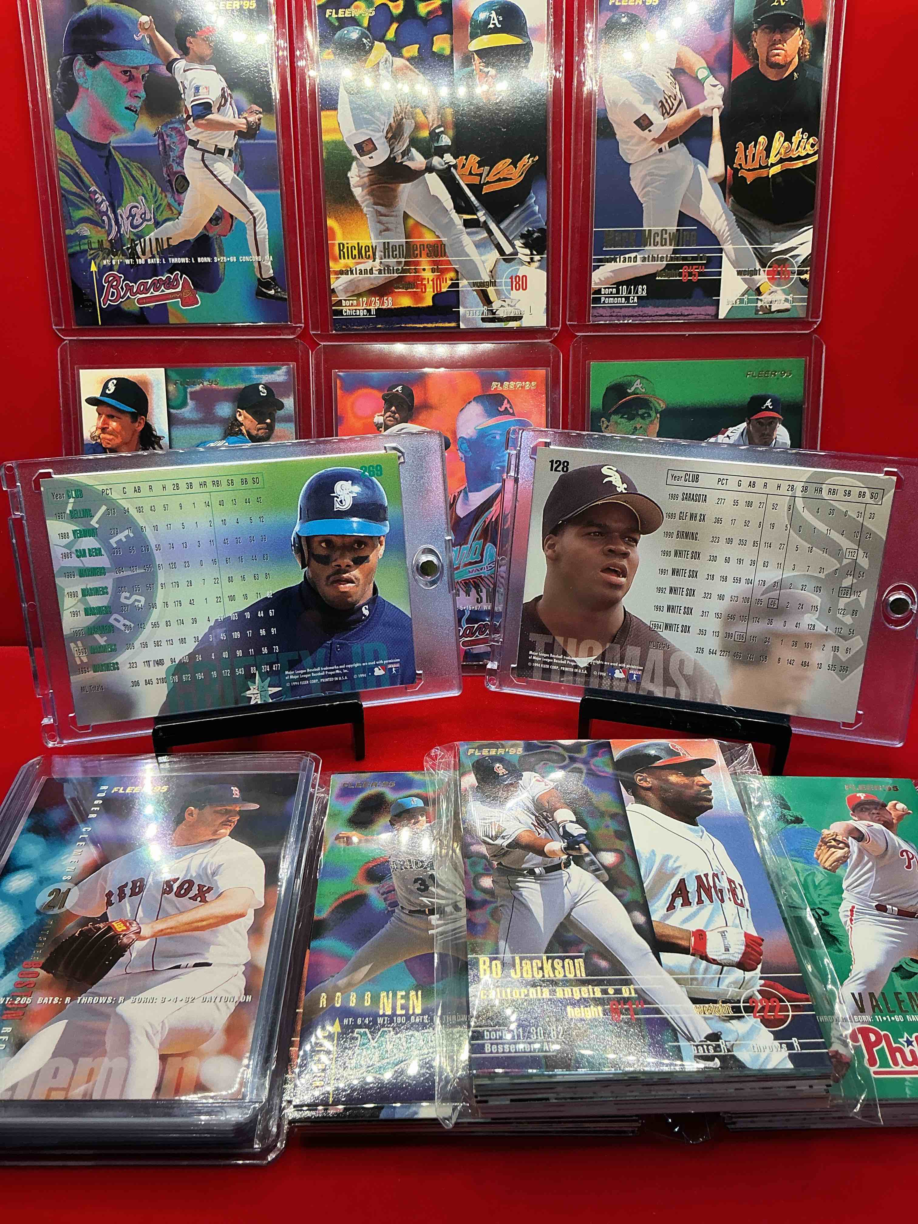 Condition photo showing New/Like New for ken griffey jr, frank thomas, randy johnson, & more! 1995 fleer baseball! complete 100 card set wow! includes some of the craziest cards & players of all time! some names include cal ripken, roger clemens, mark mcgwire, rickey henderson, greg maddux, john smoltz, barry bonds, darryl strawberry, & more! baseball legends!