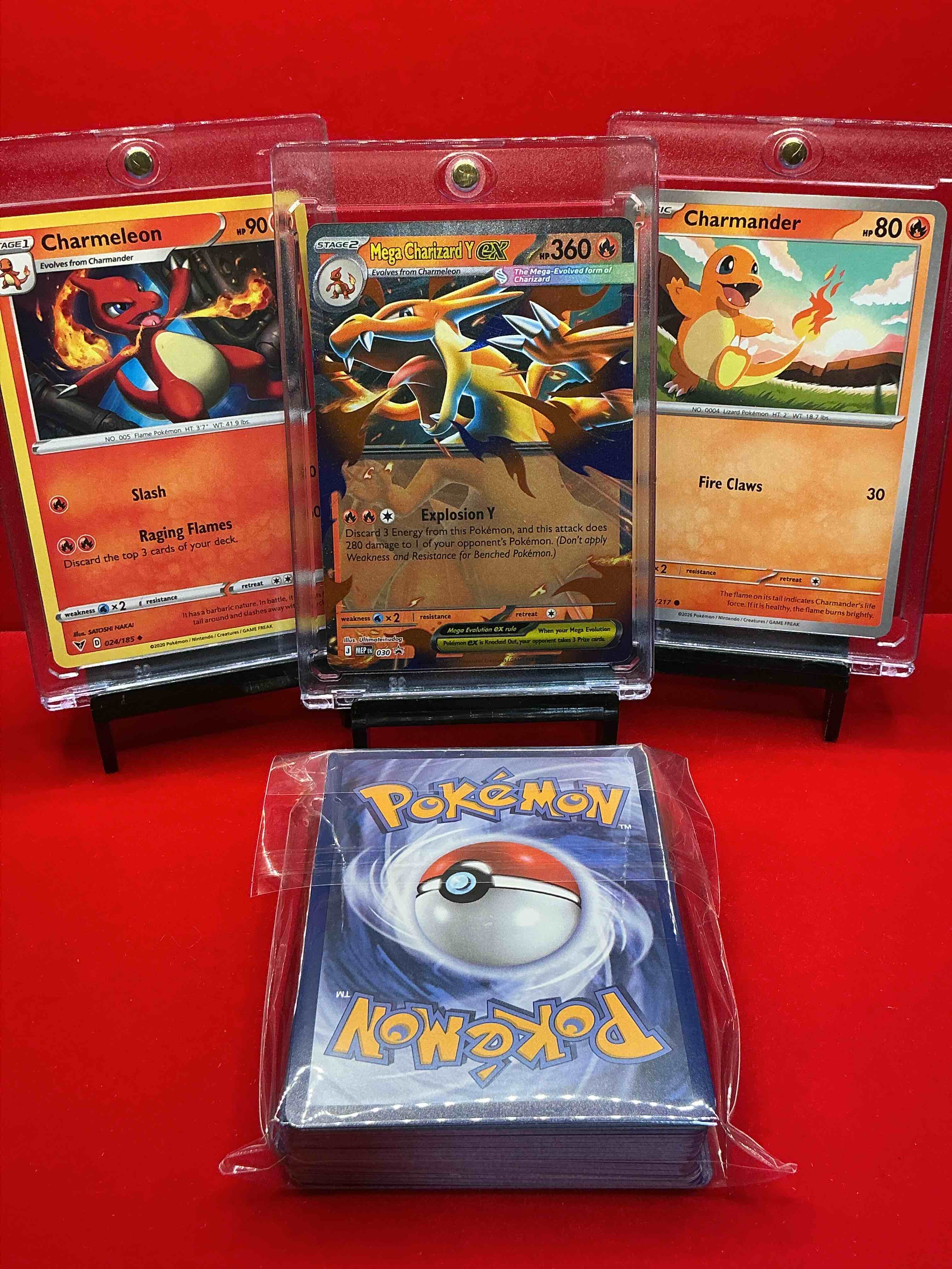 Condition photo showing New/Like New for triple charizard lot! this lot brings you all three evolutions of charizard along with 50 other pokémon heroes, holos, legends & commons- including holographic cards, stage 2 cards, holos in all forms & more! also includes 36 non holo common/ uncommon basic & first stage cards trainers & energy too! perfect set for collectors & enthusiasts!