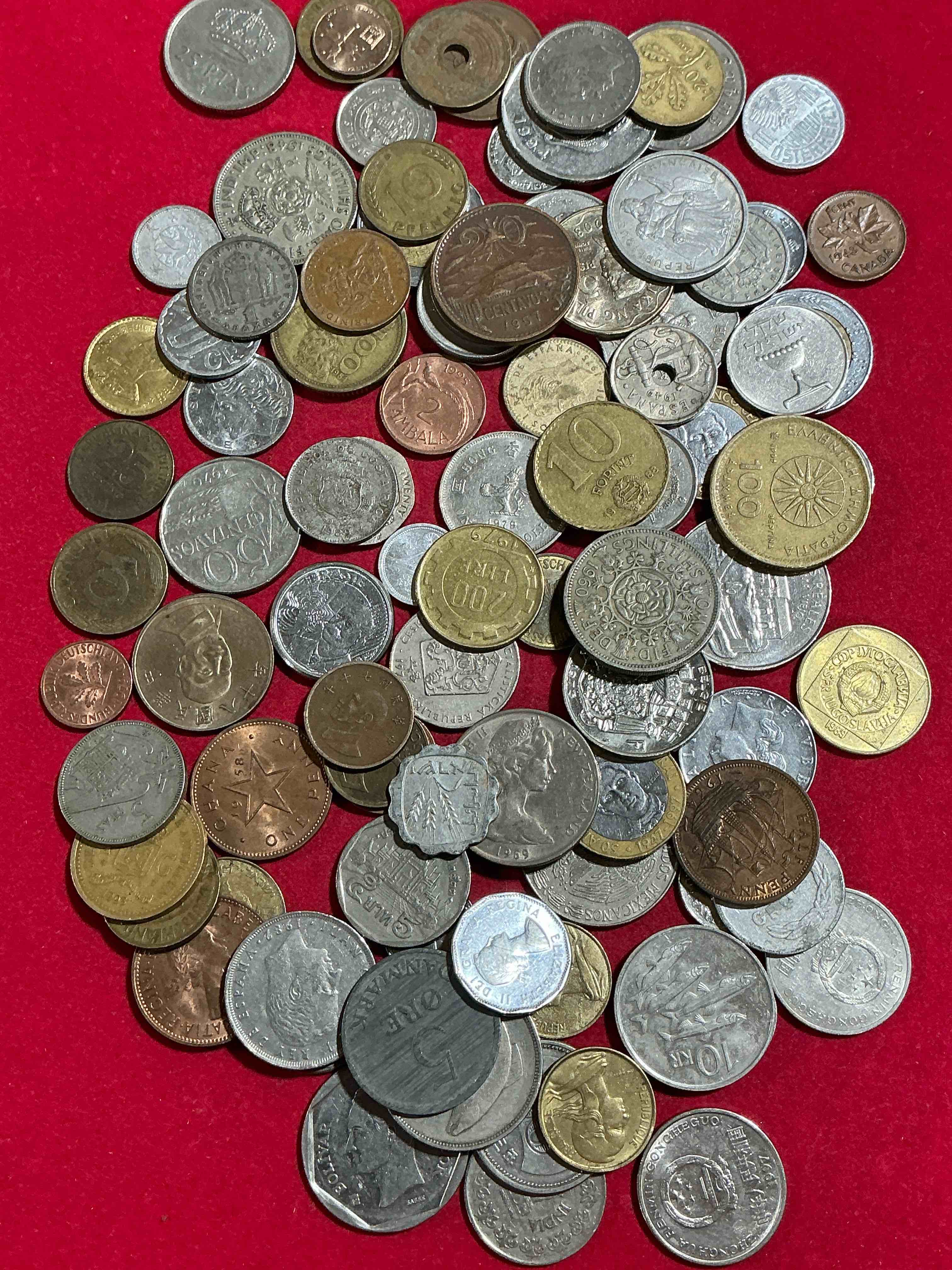 Condition photo showing Good Condition for world coins, antique & vintage! each lot is unique! many different years, countries, sizes & exotic places. this cool collection of antique coins from around the world is loads of fun! have fun identifying each coin & country as a great educational tool! a great investment too!