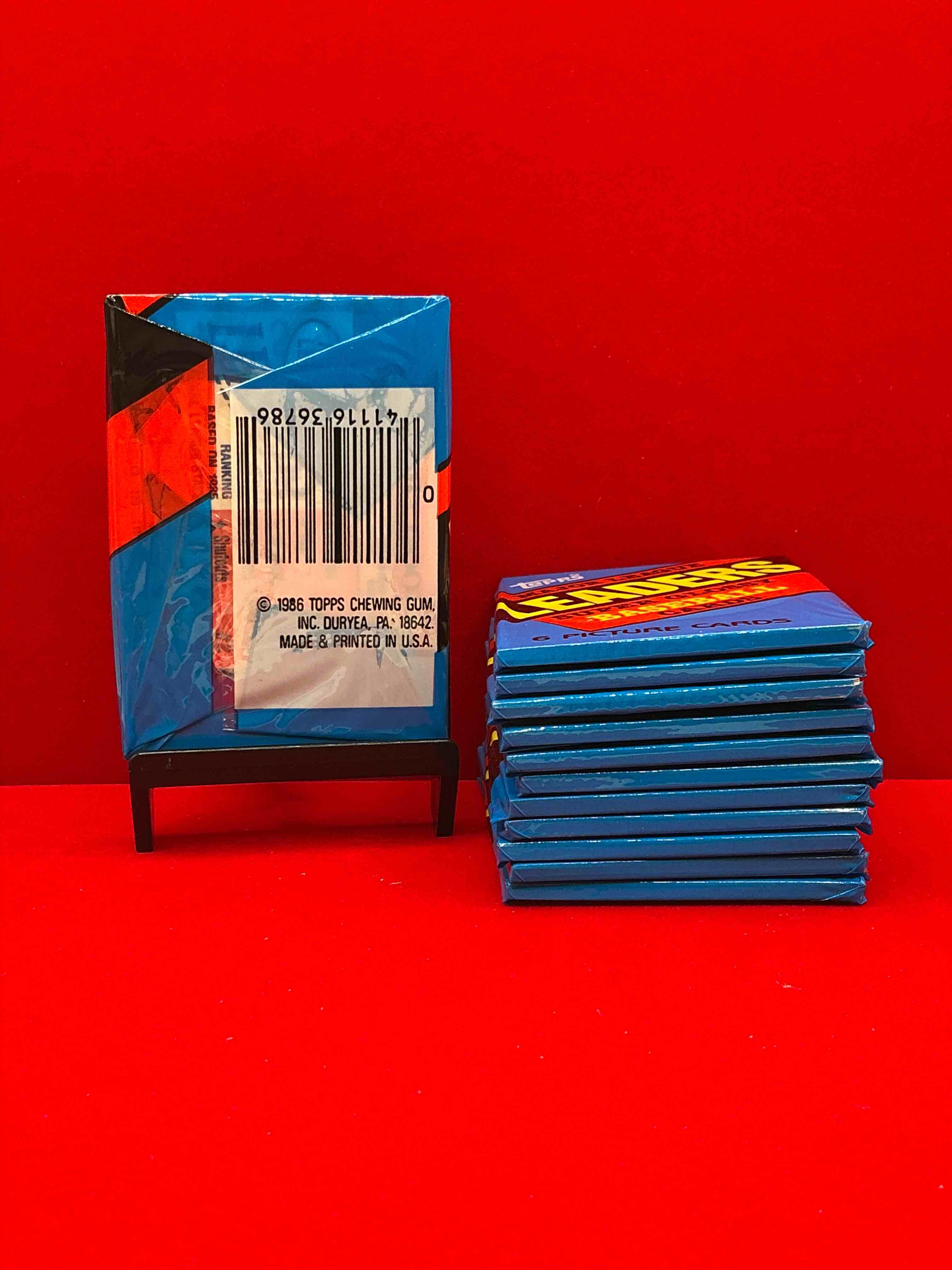 Condition photo showing New/Like New for ultra rare! 1986 "mlb leaders" unopened miniature baseball collectible card packs, 6 cards per pack, direct from original retail case. super rare, impossible to find! like new condition!