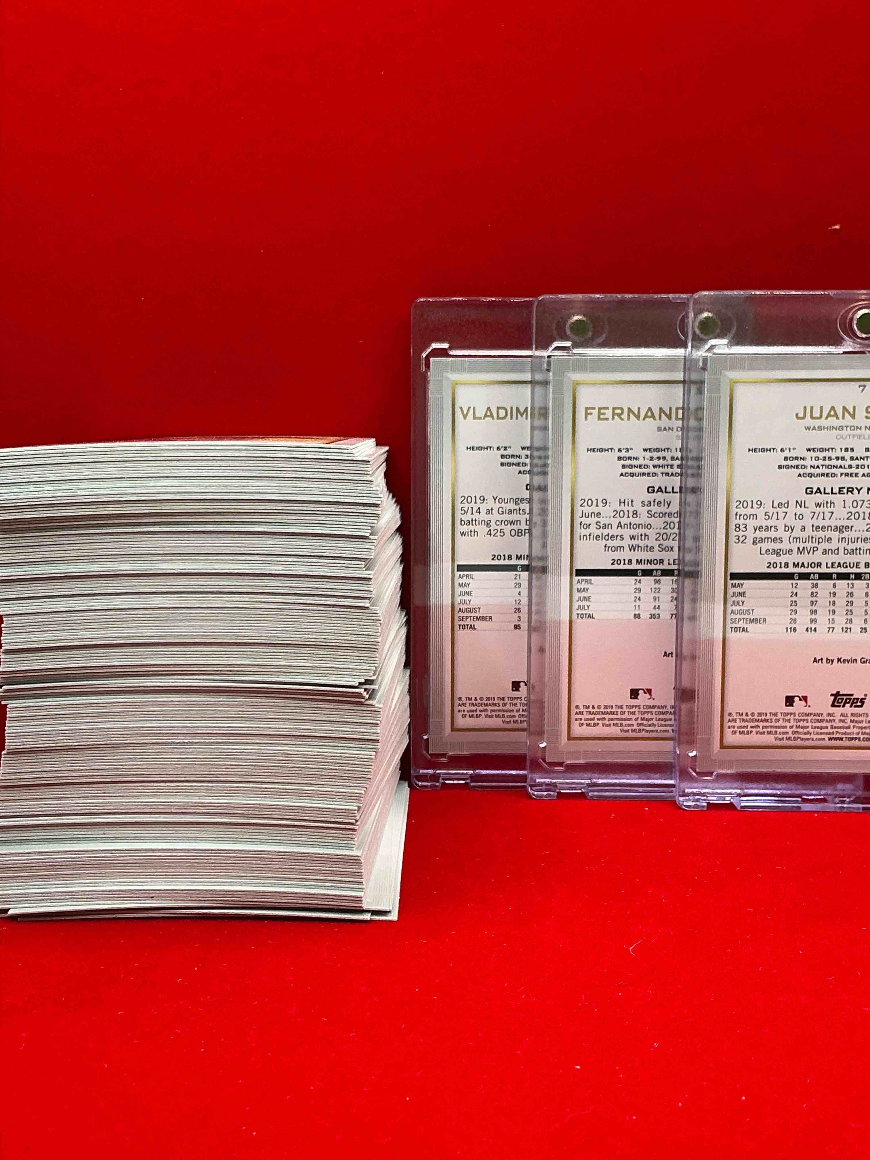 Condition photo showing New/Like New for vladimir guerrero rookie! juan soto, fernando tatis rookie! wow! 2019 topps gallery cards! 150 card lot, includes rookies like guerrero, tatis & more! legends included as well! like acuna, judge, ohtani & more!