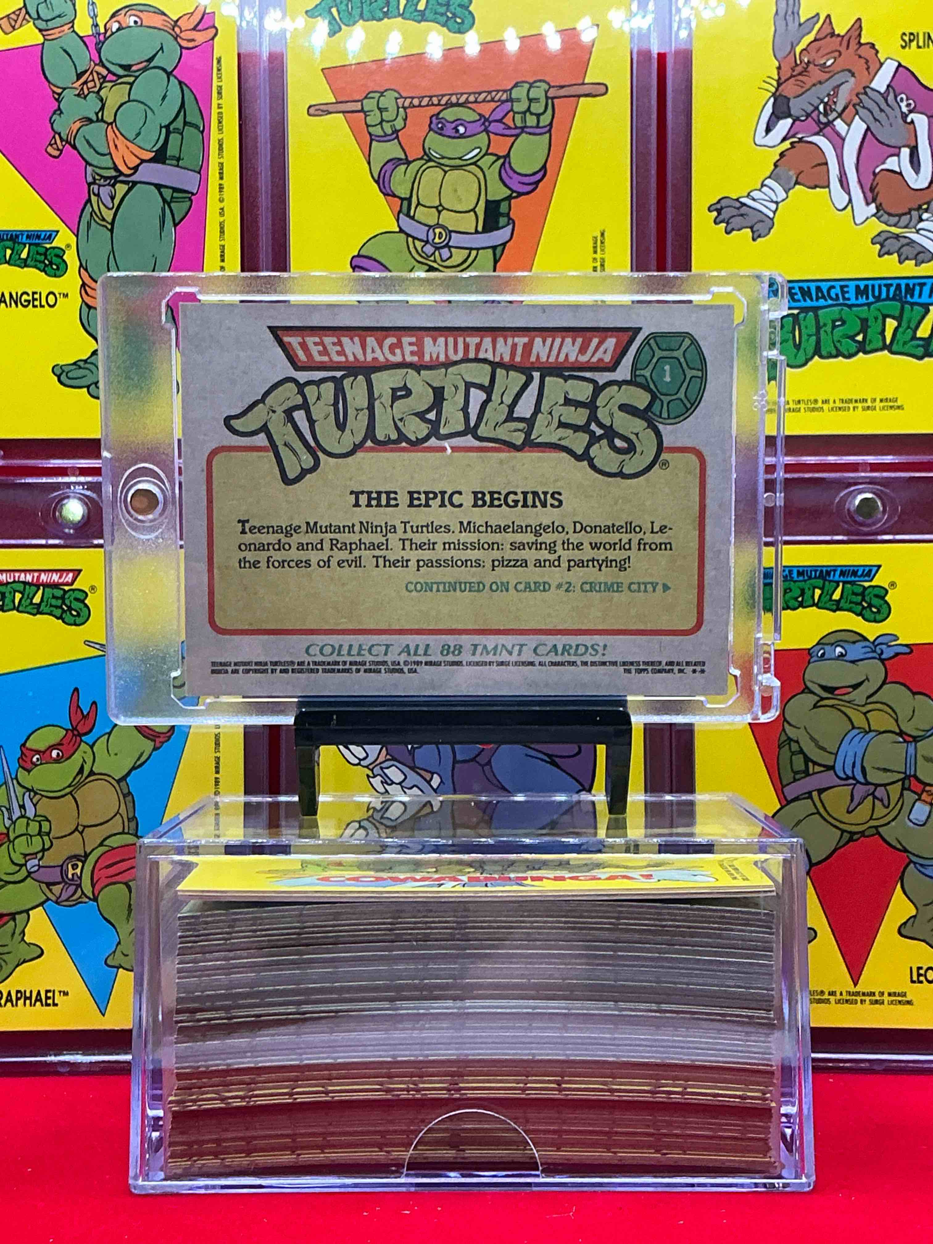 Condition photo showing New/Like New for 1989 ninja turtle wow!  totally complete original, authentic teenage mutant ninja turtles complete trading card & stickers!  all 88 cards & 11 stickers included, for a total qty of 99! excellent condition!  your chance to own a genuine tmnt original serious collectible! 