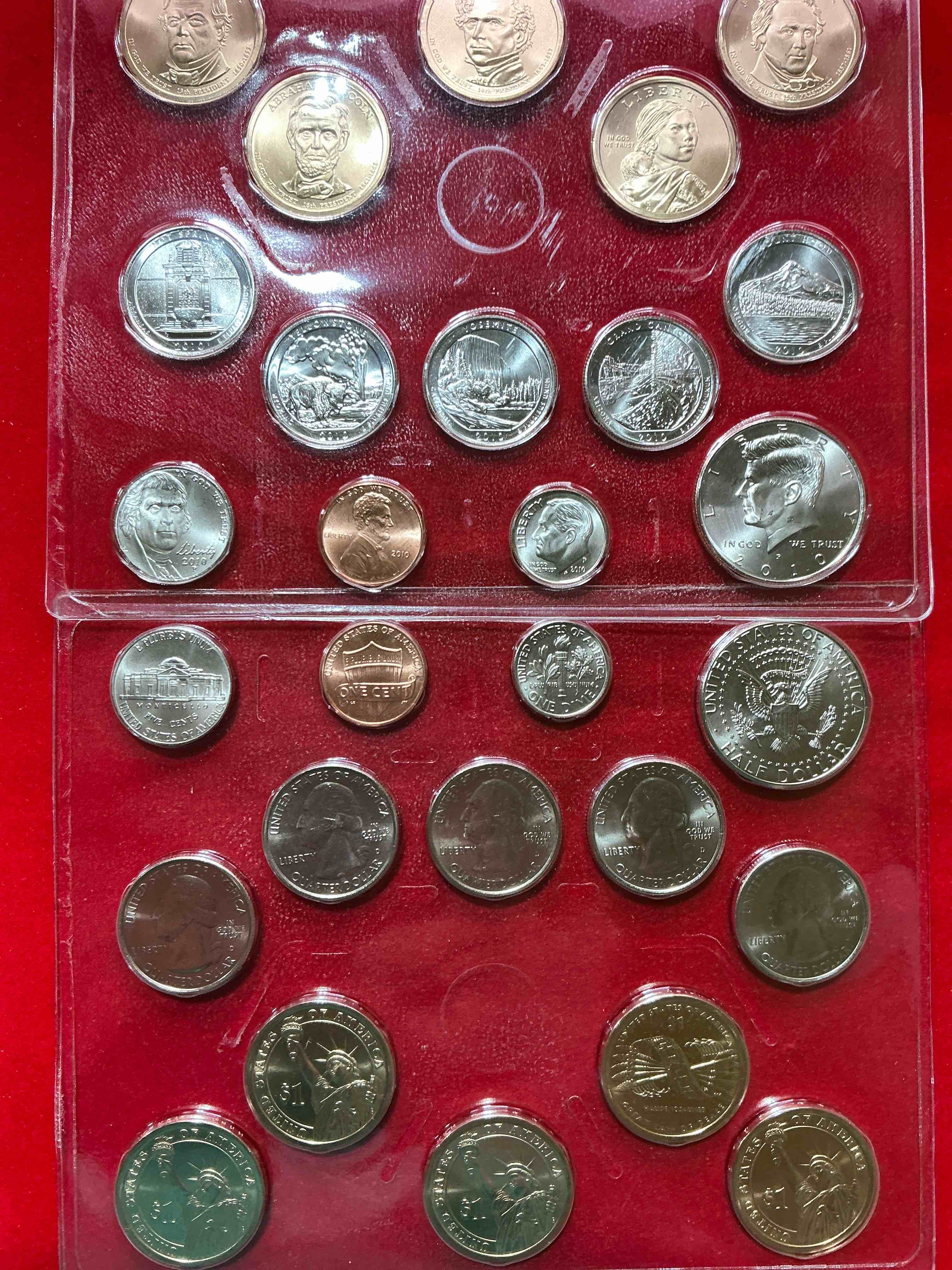 Condition photo showing New/Like New for 2010 uncirculated mint coins! 28 coin lot, with multiple dollar coins, half dollars, quarters, dimes, nickels & pennies! wow!
