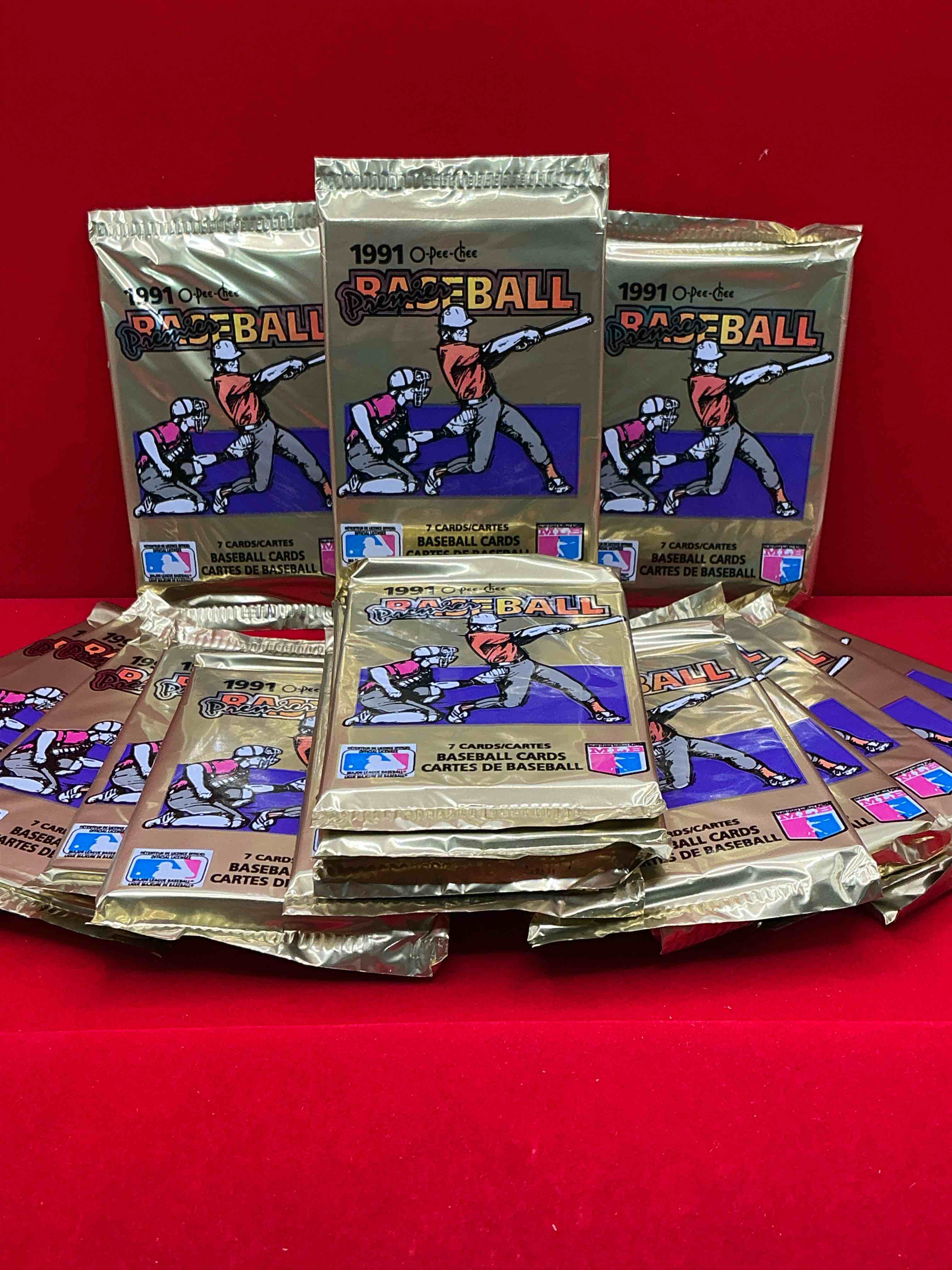 1991 premier baseball o-pee-chee unopened packs, direct from box! rare canadian sports cards with the chance for some great cards inside! baseball extravaganza!
