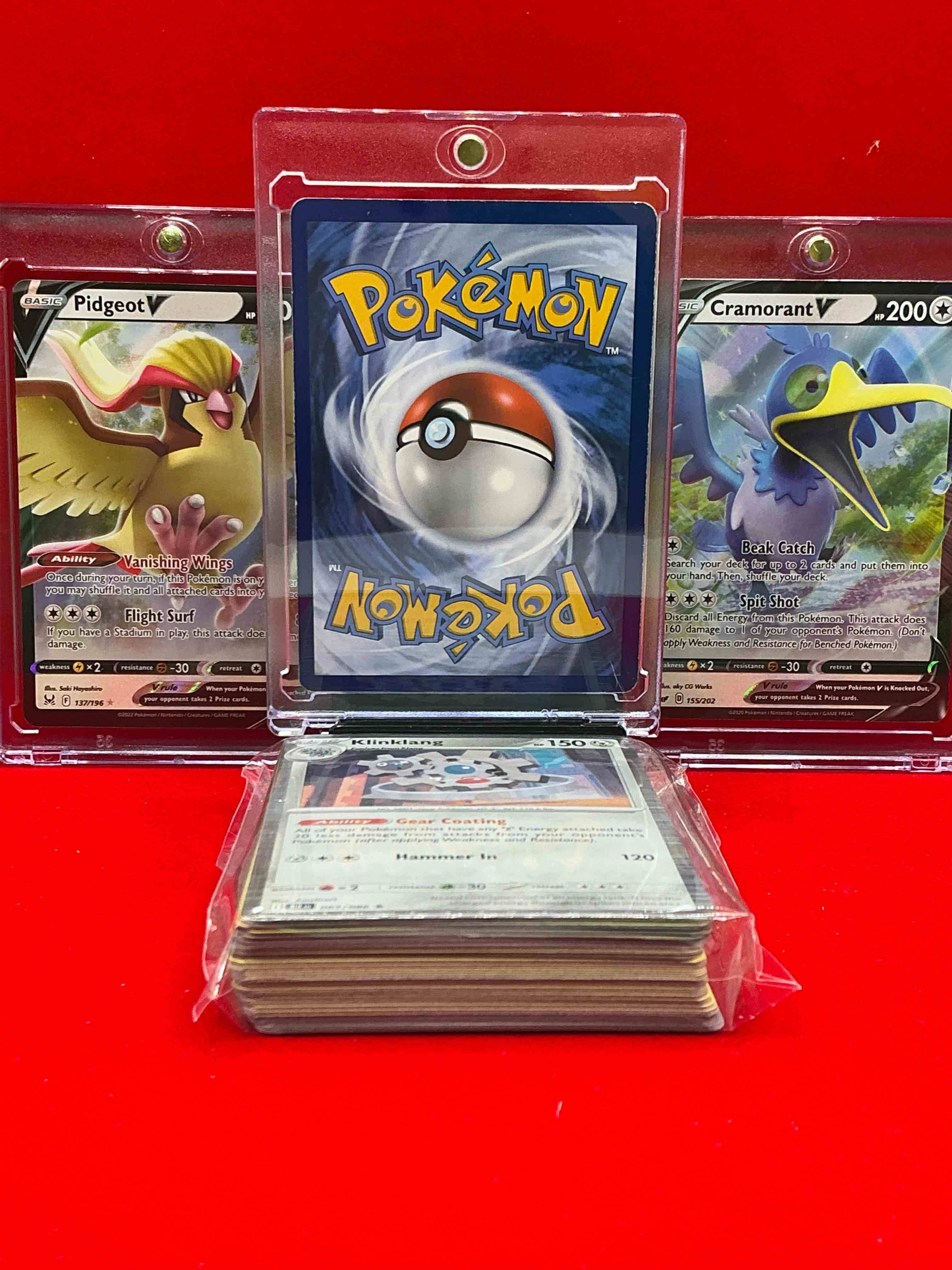 Condition photo showing New/Like New for wow! lucario vstar! cramorant v & pidgeot v! insane! along with 50 other pokémon heroes, holos, legends & commons- including holographic cards, stage 2 cards, holos in all forms & more! also includes 36 non holo common/ uncommon basic & first stage cards trainers & energy too! perfect set for collectors & enthusiasts!