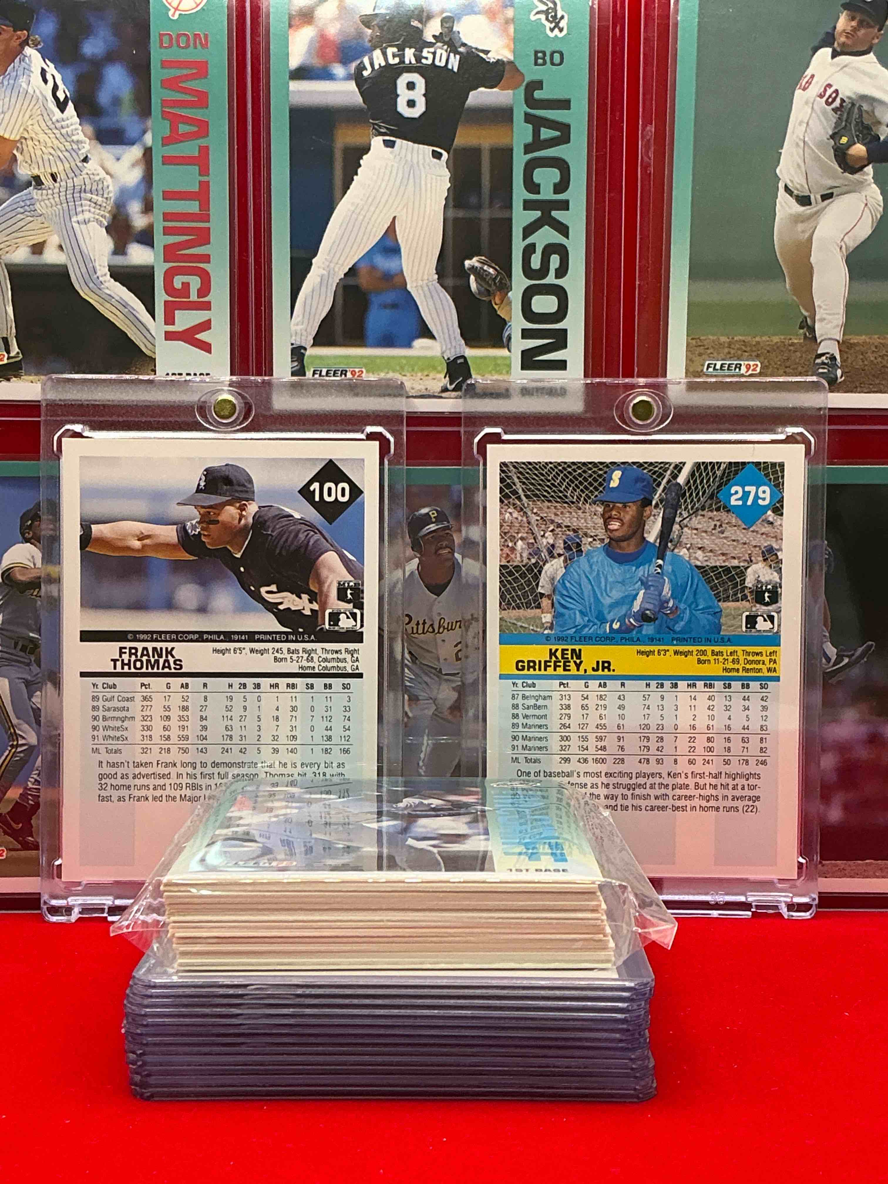 Condition photo showing New/Like New for ken griffey jr, frank thomas, nolan ryan & more! 1992 fleer baseball! 50 card set, wow! includes some of the craziest cards & players of all time! some names include mark mcgwire, jose canseco, don mattingly, darryl strawberry, dwight gooden, kirby puckett, deion sanders, barry bonds, george brett, cal ripken, wade boggs, sammy sosa, john smoltz & more! baseball legends! 