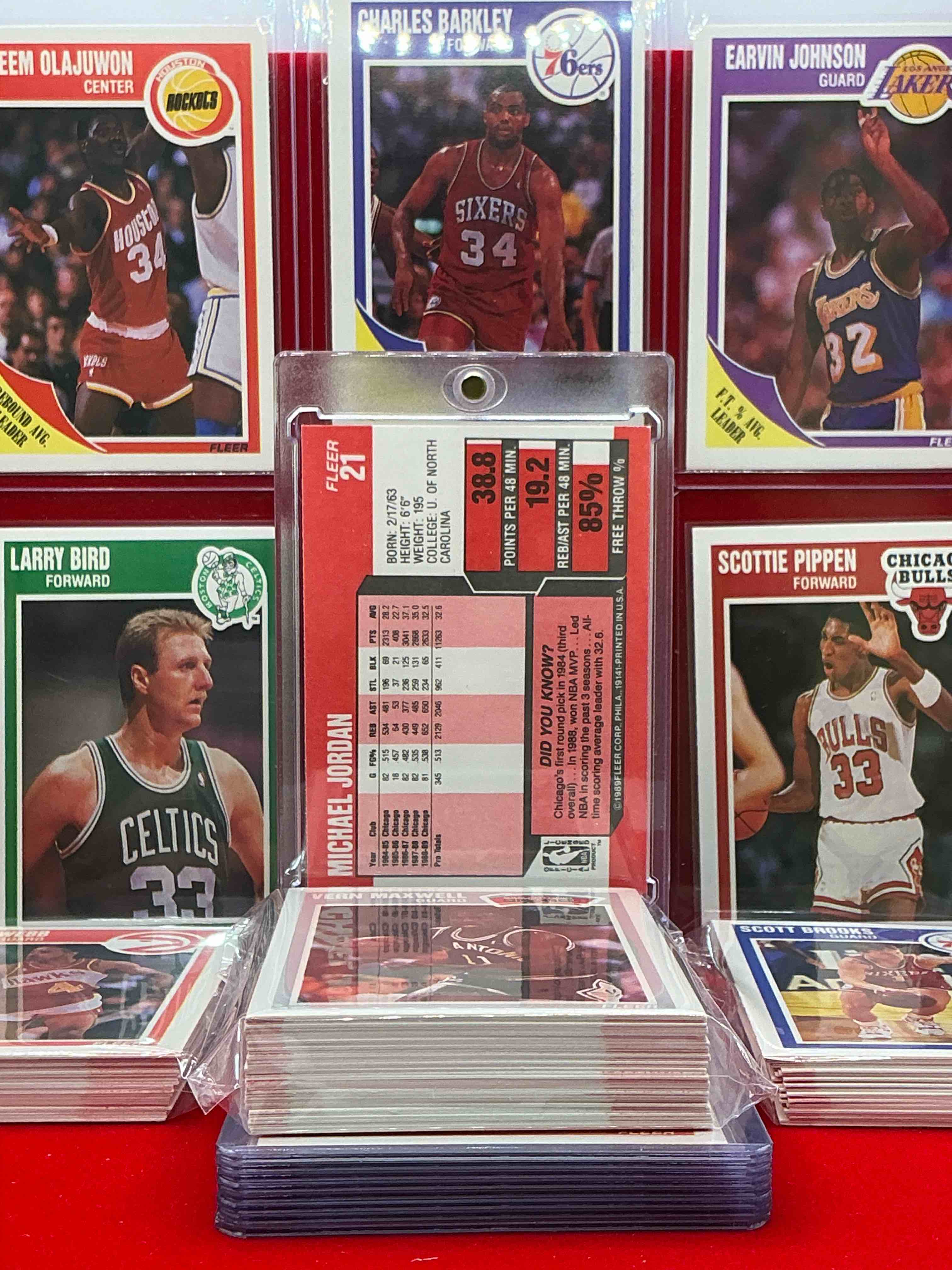 Condition photo showing New/Like New for michael jordan! holy grail basketball! 1989 fleer basketball cards! 100 card craziness! one of the most coveted michael jordan, magic johnson, larry bird, scottie pippen, charles barkley, karl malone & clyde drexler cards! along with other nice 1989 nba basketball cards! wilkins & more! these cards are super rare, only 3 years off from a jordan rookie! awesome base cards combo! wow!mixed with a variety of other cards, doesn't get better than this!