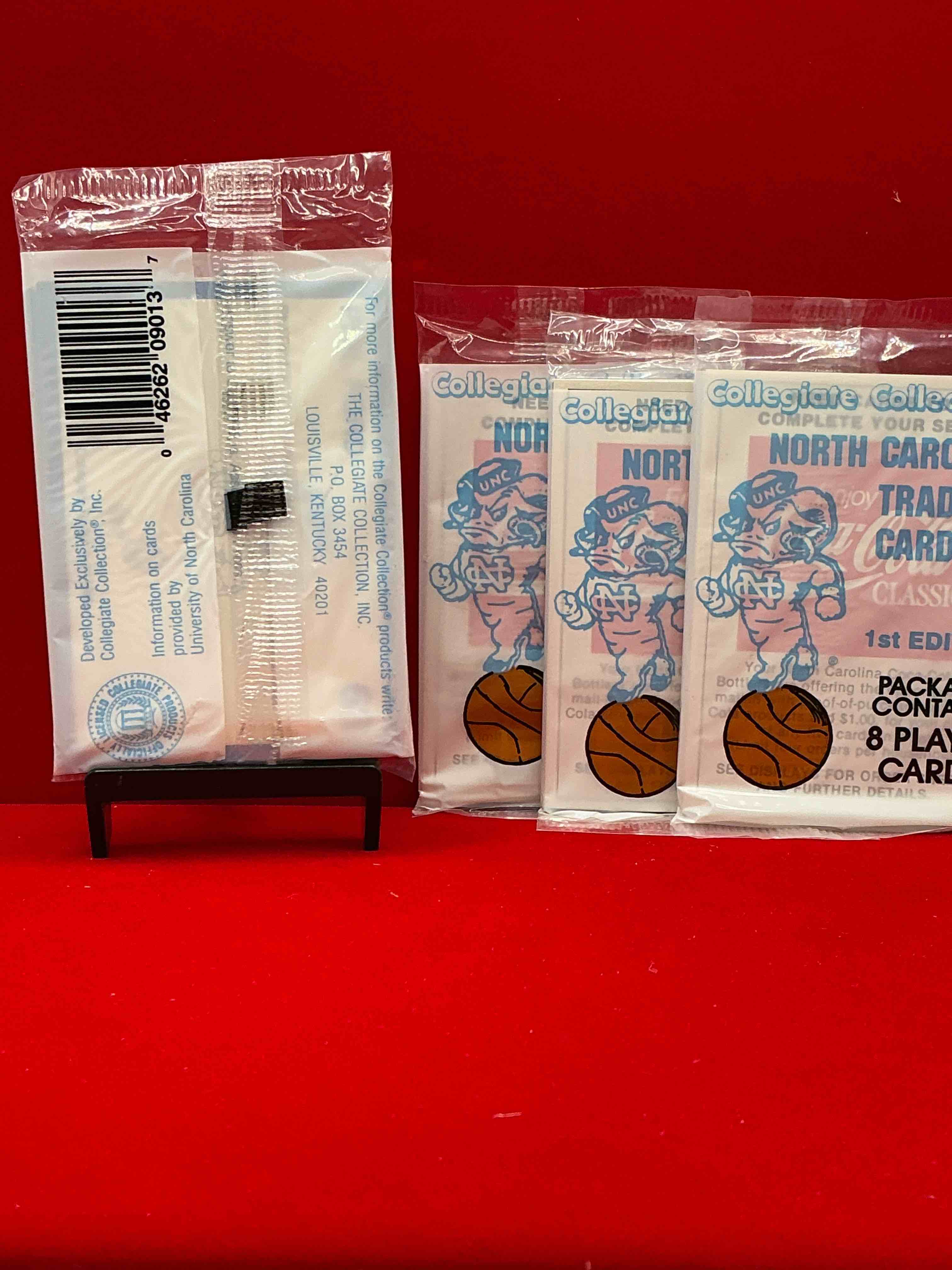 Condition photo showing New/Like New for michael jordan!?  1989 university of north carolina trading cards 1st edition 8 cards per pack! look for the goat michael jordan cards, maybe even more than one! only one way to find out!