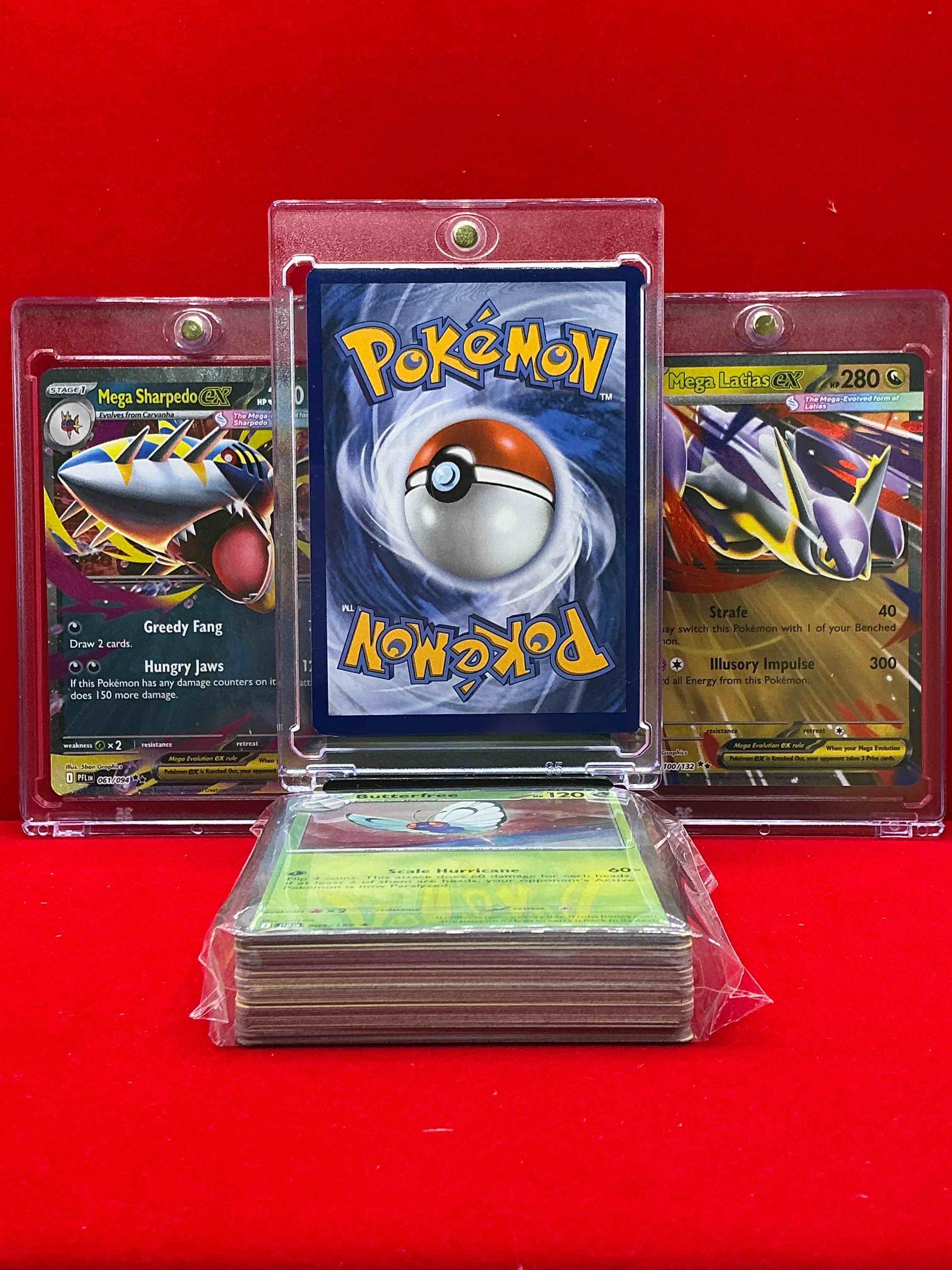 Condition photo showing New/Like New for mega charizard ex, mega latias, mega sharpedo & more! insane! along with 50 other pokémon heroes, holos, legends & commons- including holographic cards, stage 2 cards, holos in all forms & more! also includes 36 non holo common/ uncommon basic & first stage cards trainers & energy too! perfect set for collectors & enthusiasts!