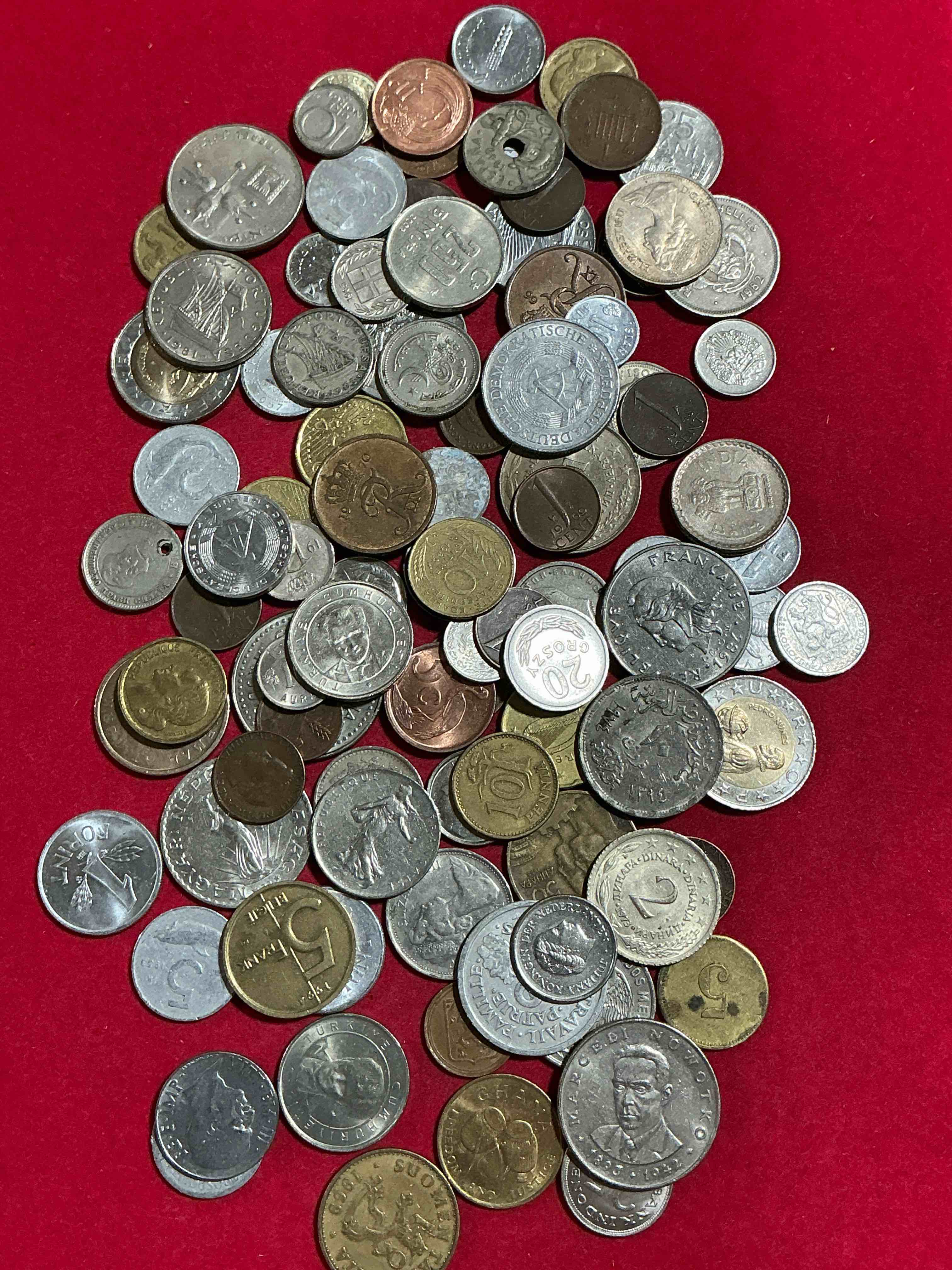 Condition photo showing Good Condition for world coins, antique & vintage! each lot is unique! many different years, countries, sizes & exotic places. this cool collection of antique coins from around the world is loads of fun! have fun identifying each coin & country as a great educational tool! a great investment too!