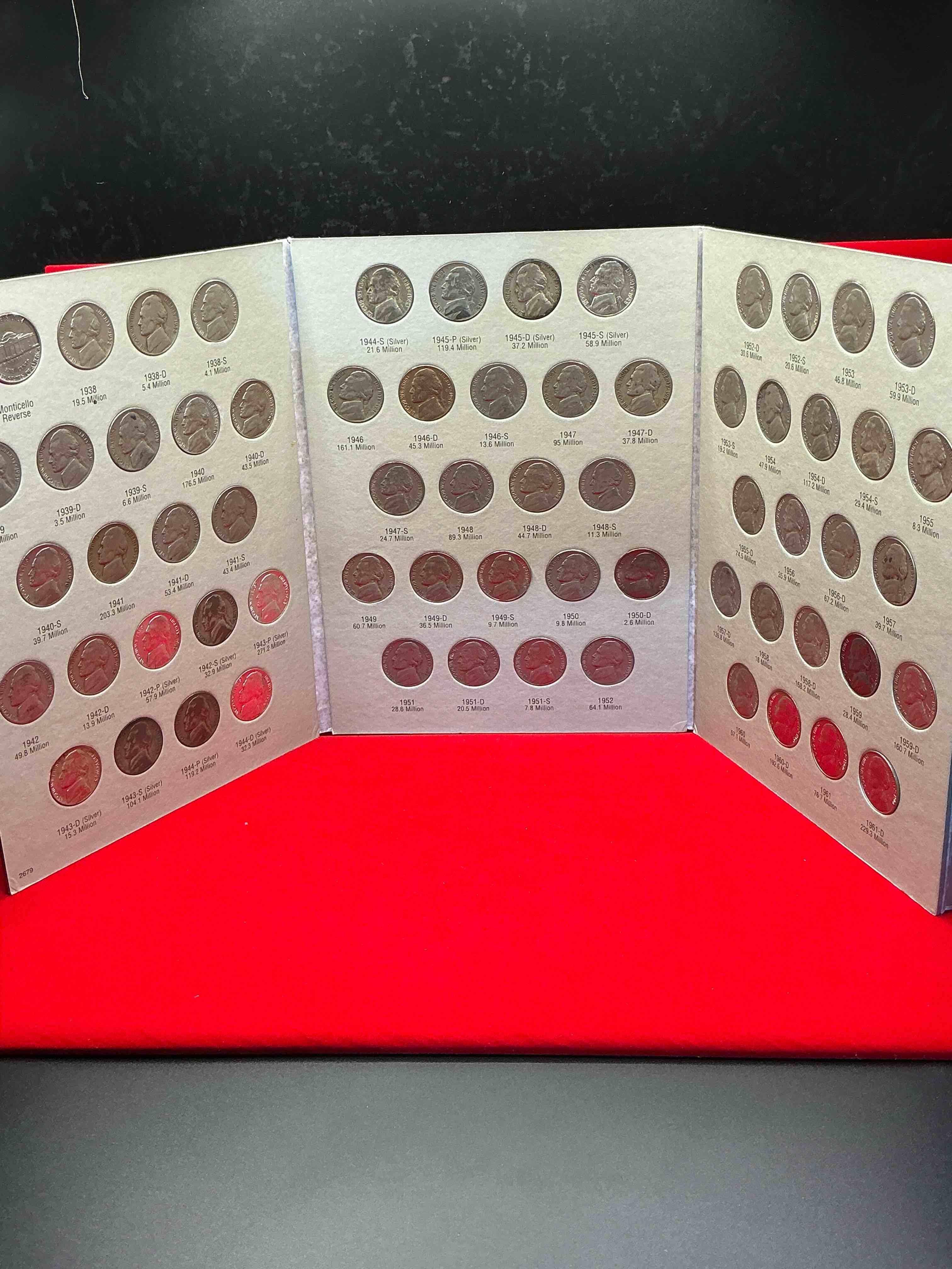 Condition photo showing Good Condition for jefferson nickel collection wow!  bid is per nickel, 66 total nickels!  jefferson nickels were minted from 1938 to 1961, up for bid is one each of every nickel ever produced!  collection includes eleven world war 2 era partial silver nickels & ultra rare 1950d  nickel!   includes holding case for all 66 nickels!  bid is per each nickel.  this collection nearly impossible to collect!  