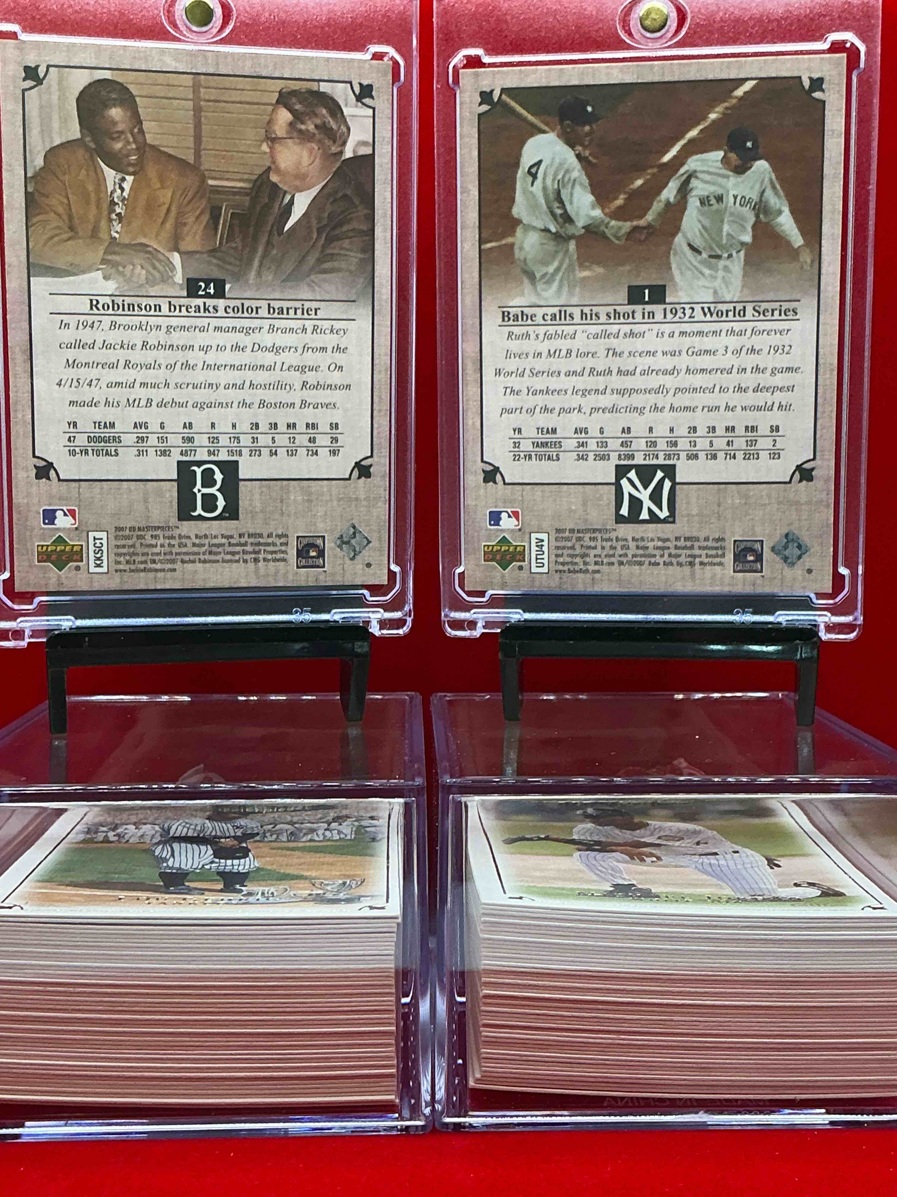 Condition photo showing New/Like New for jackie robinson & babe ruth! awesome throwback insanity! 2007 upper deck baseball cards! 90 cards, insane lot! jackie robinson, babe ruth, curt schilling, ken griffey jr & more! 90 cards! the greatest players to ever do it!