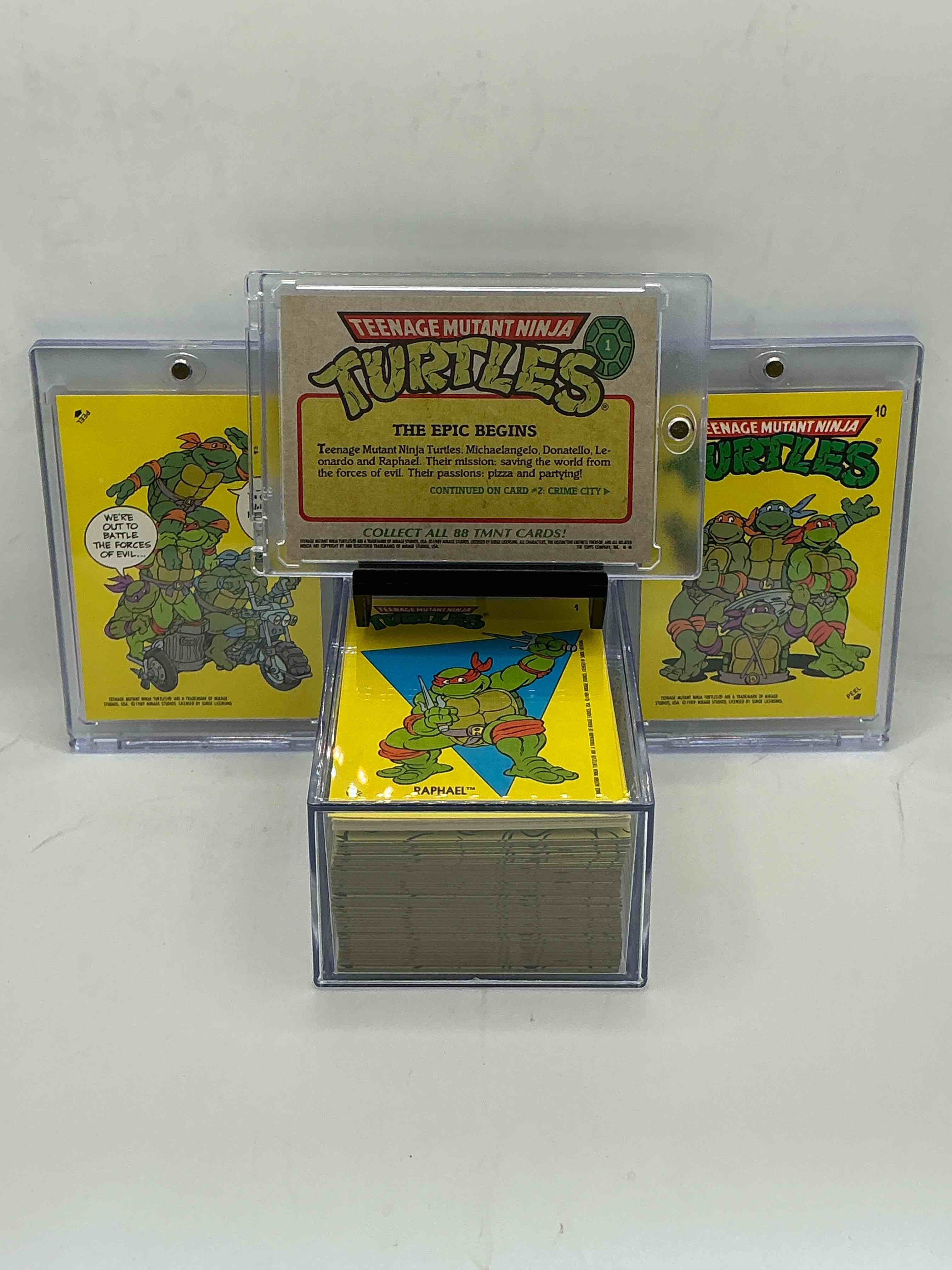 Condition photo showing New/Like New for 1989 ninja turtle wow!  totally complete original, authentic teenage mutant ninja turtles complete trading card & stickers!  all 88 cards & 11 stickers included, for a total qty of 99! excellent condition!  your chance to own a genuine tmnt original serious collectible! 