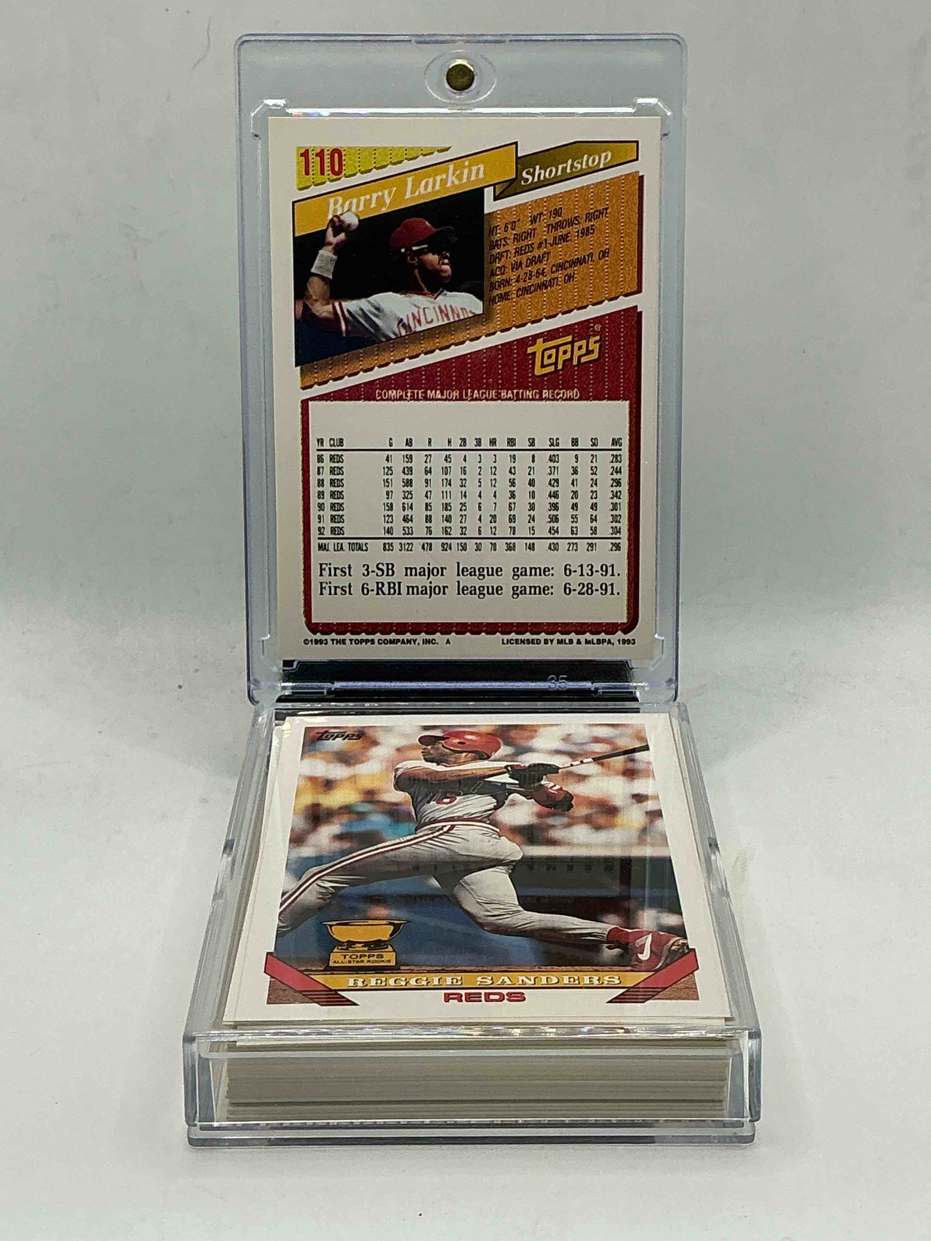 Condition photo showing New/Like New for barry larkin! topps 1993 reds team set, 31 cards included! barry larkin, reggie sanders, norm charlton & more!