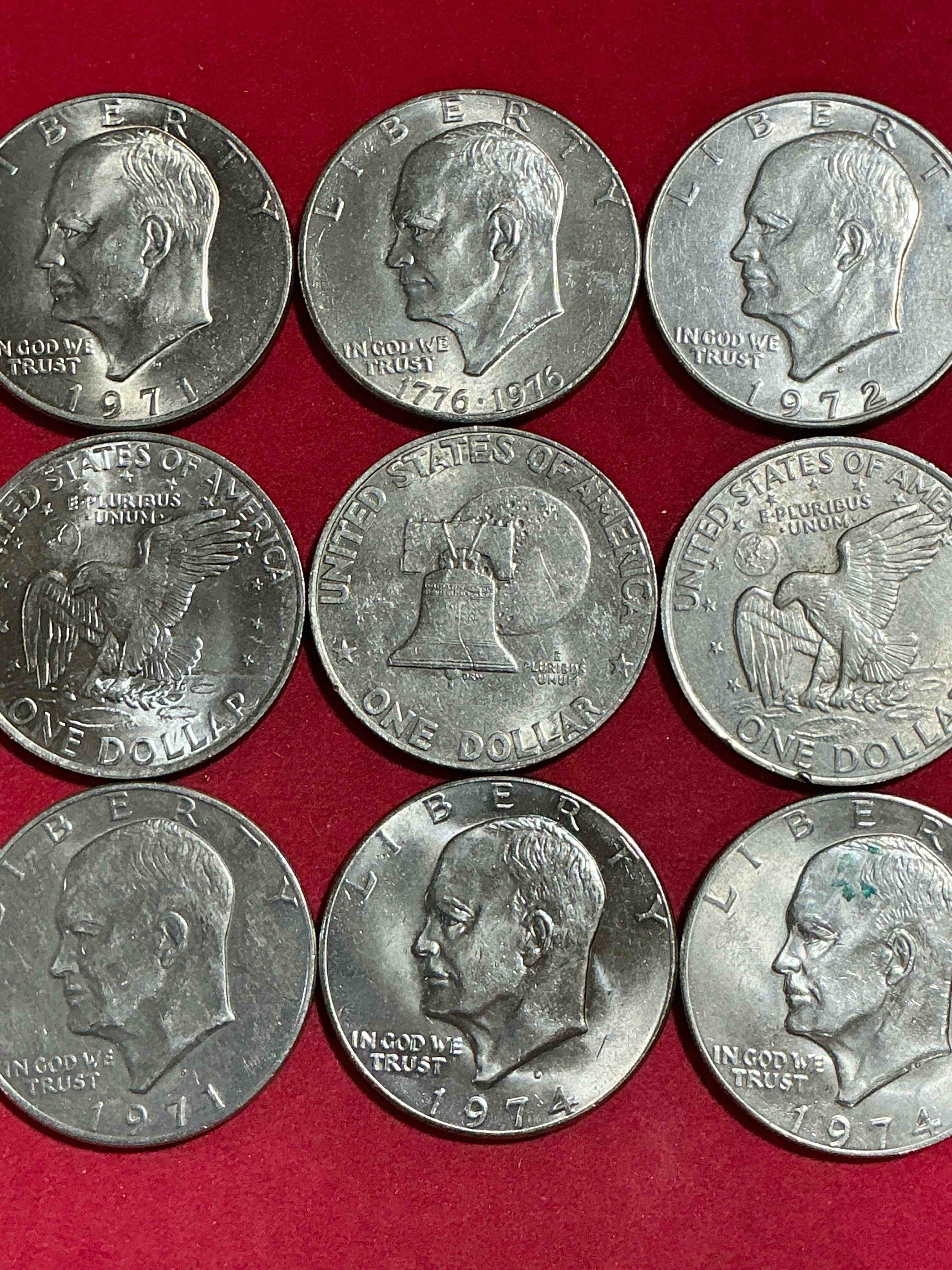 Condition photo showing Good Condition for gorgeous eisenhower dollars! here are circulated “ike” dollars! up for auction are ike one dollar coins from different years! awesome ike dollars! even includes rare bicentennial 1976 edition