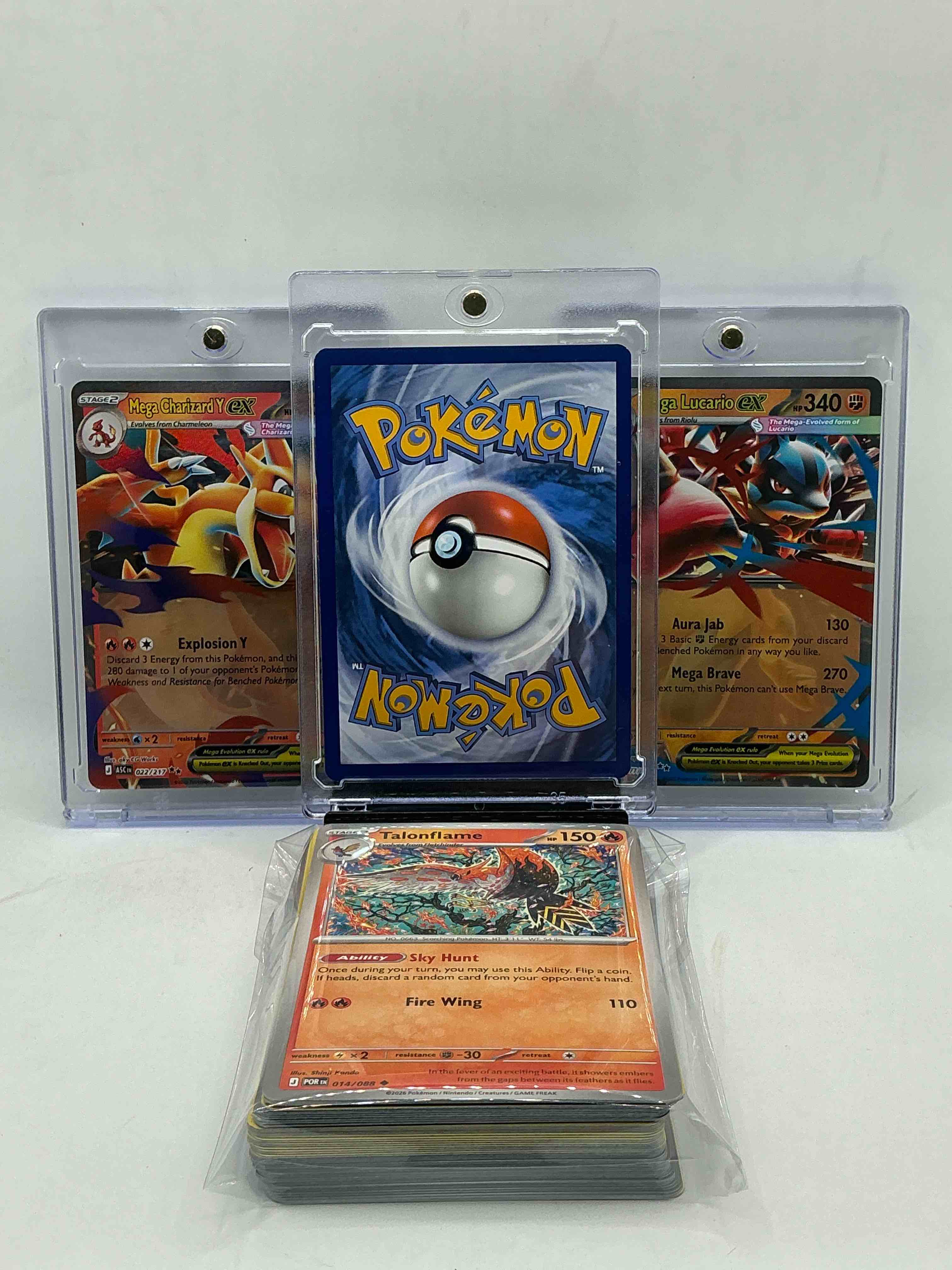 Condition photo showing New/Like New for mega charizard y ex! mega lucario ex! iron leaves ex! along with 50 other pokémon heroes, holos, legends & commons- including holographic cards, stage 2 cards, holos in all forms & more! also includes 36 non holo common/ uncommon basic & first stage cards trainers & energy too! perfect set for collectors & enthusiasts!