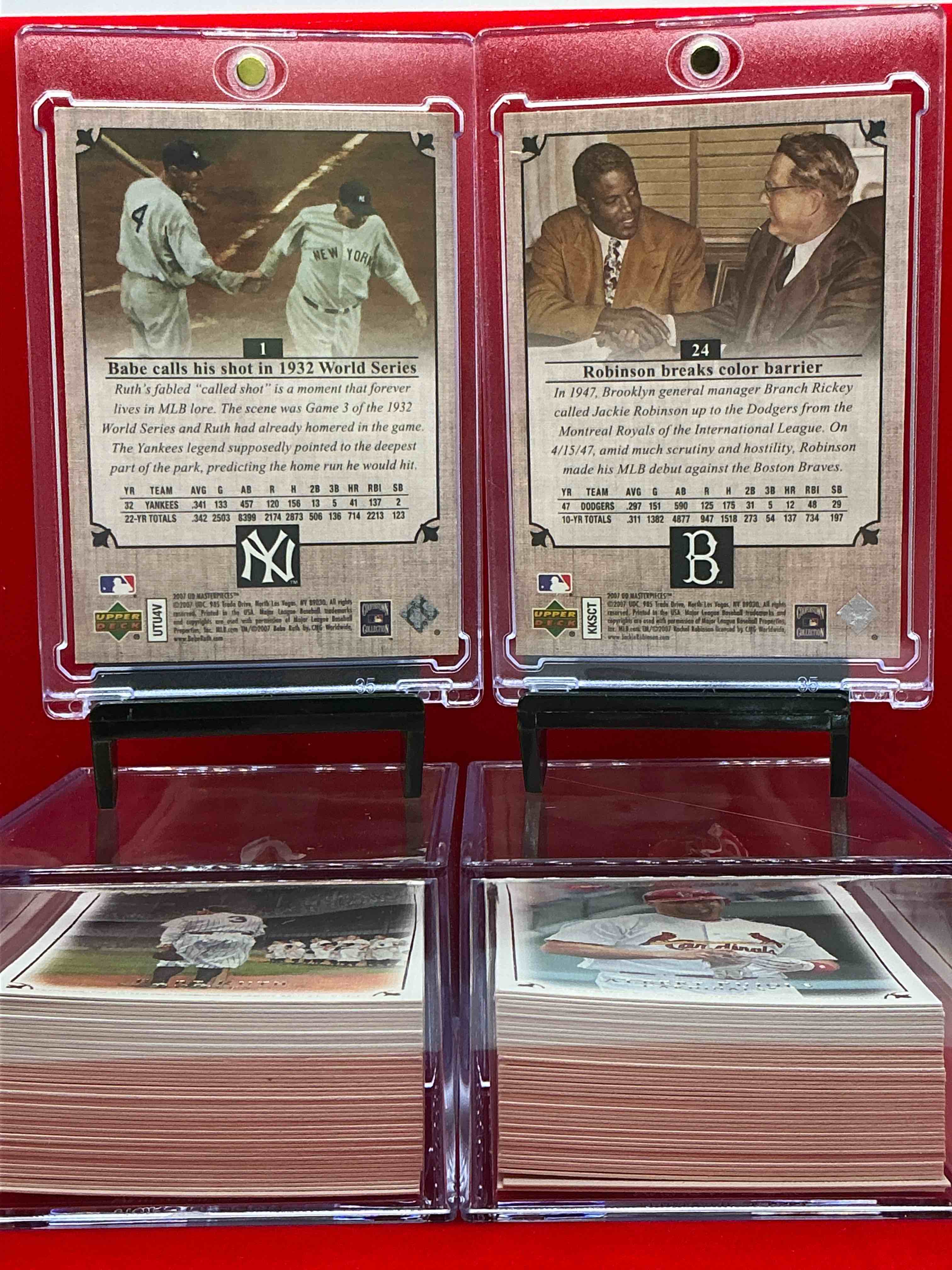 Condition photo showing New/Like New for babe ruth & jackie robinson! 2007 upper deck baseball 90 card complete card collection! upper deck masterpieces! curt schilling, randy johnson, babe ruth, jackie robinson & more!