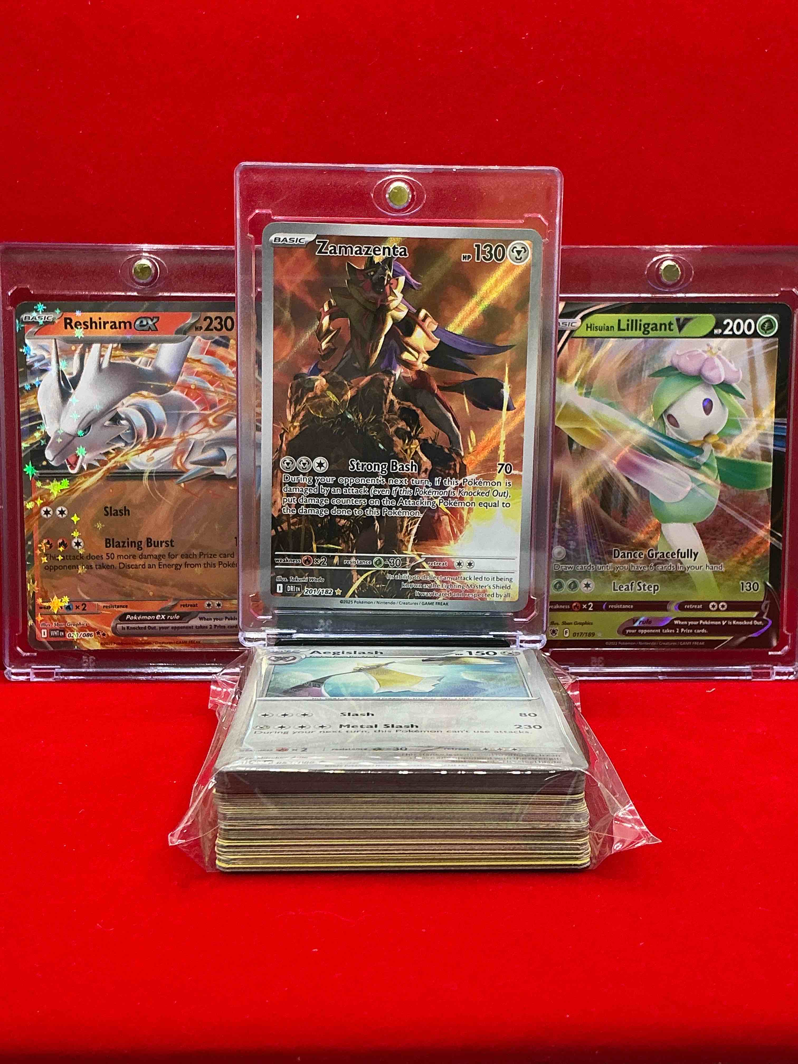 Condition photo showing New/Like New for zamazenta full art wow! reshiram & more! along with 50 other pokémon heroes, holos, legends & commons- including holographic cards, stage 2 cards, holos in all forms & more! also includes 36 non holo common/ uncommon basic & first stage cards trainers & energy too! perfect set for collectors & enthusiasts!