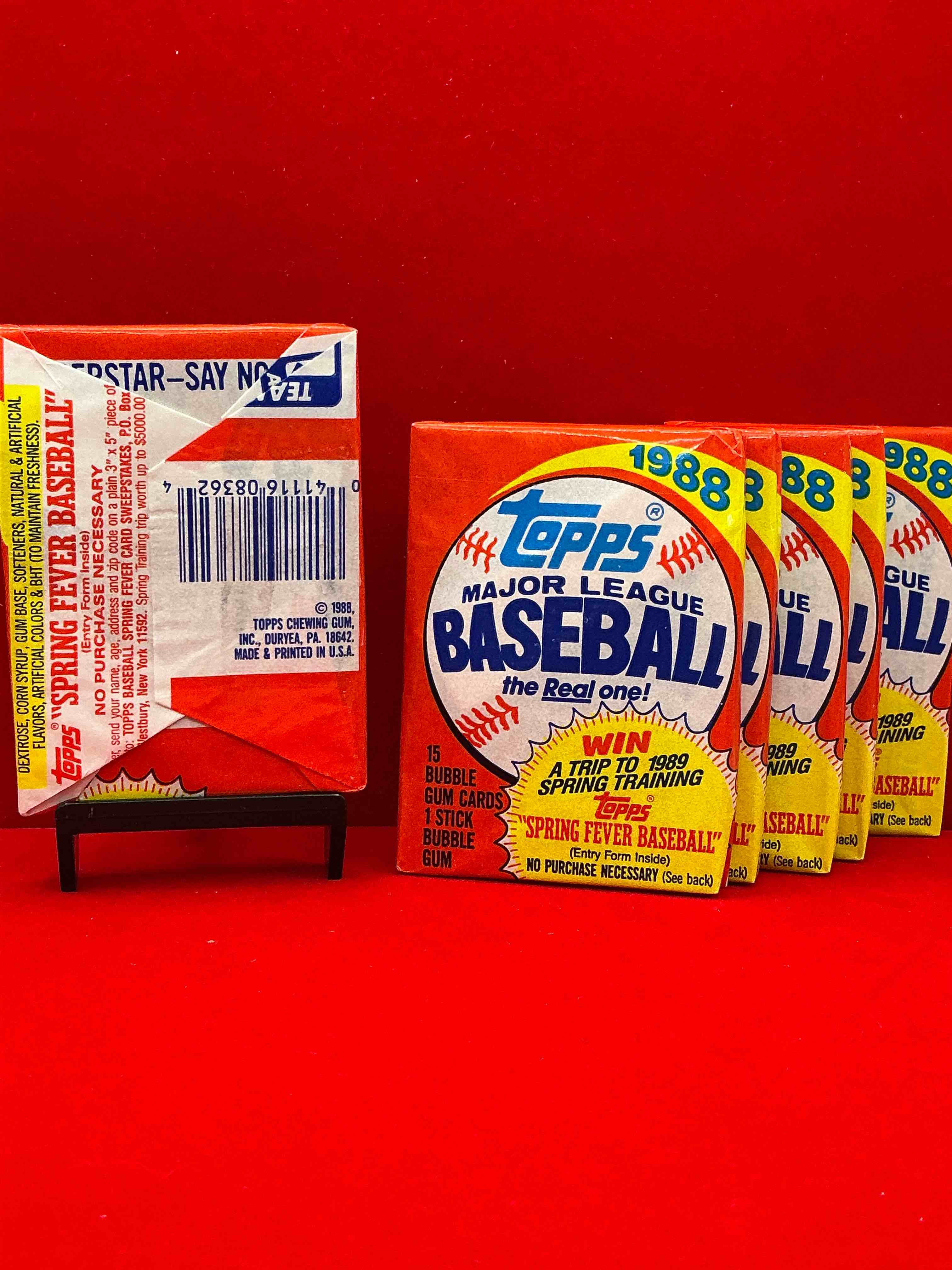 Condition photo showing New/Like New for 80's baseball fan's rejoice! 1988 topps baseball unopened wax packs full of collectible trading cards! search for valuable don mattingly "world of baseball" & nolan ryan cards worth hundreds in perfect condition!