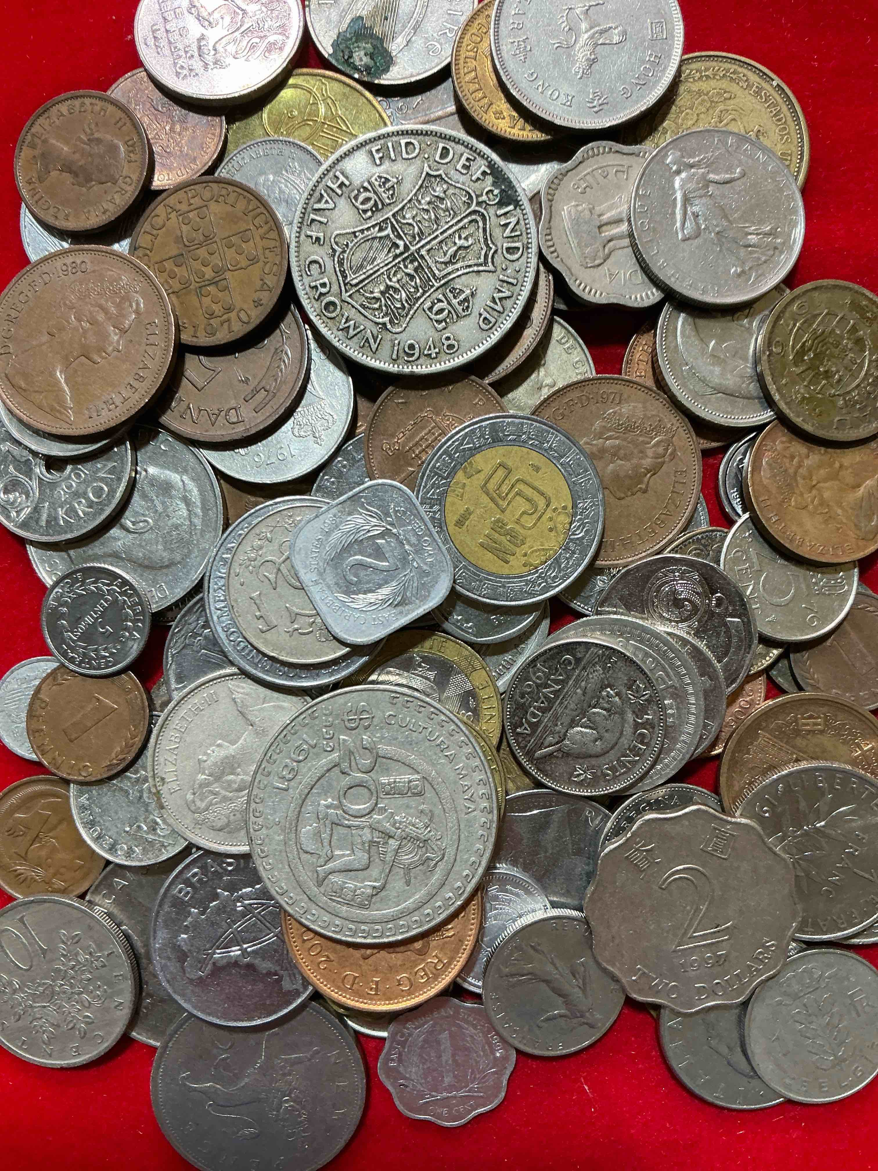 Condition photo showing Good Condition for world coins, antique & vintage! each lot is unique! many different years, countries, sizes & exotic places. this cool collection of antique coins from around the world is loads of fun! have fun identifying each coin & country as a great educational tool! a great investment too!
