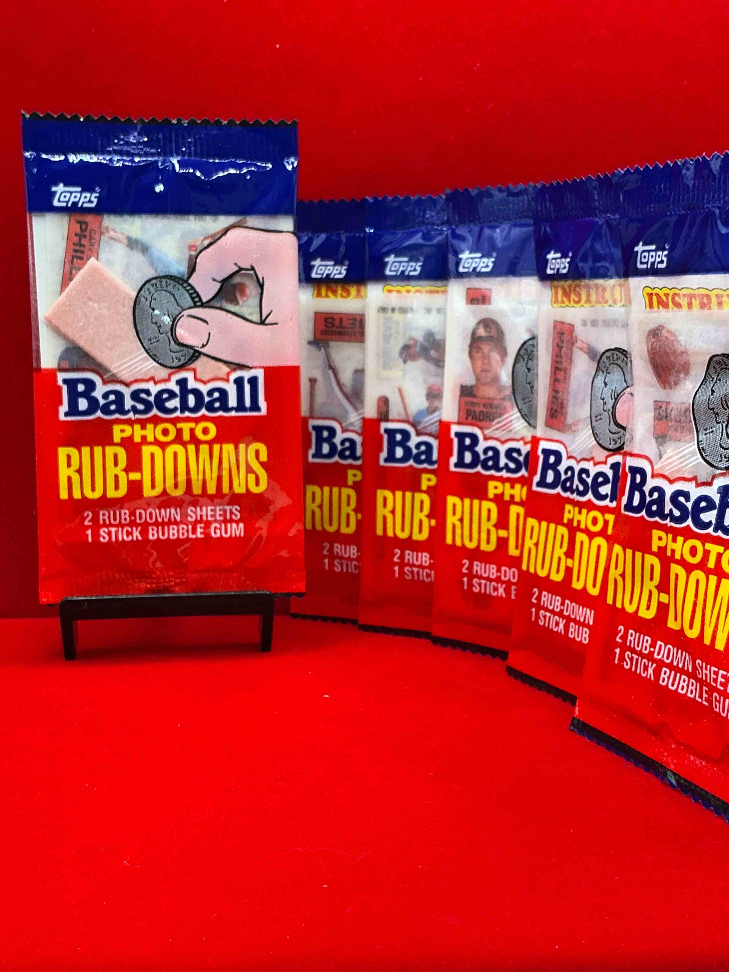 Condition photo showing New/Like New for topps 1984 baseball rub downs! super rare mid 80’s baseball packs! super rare & cool!
