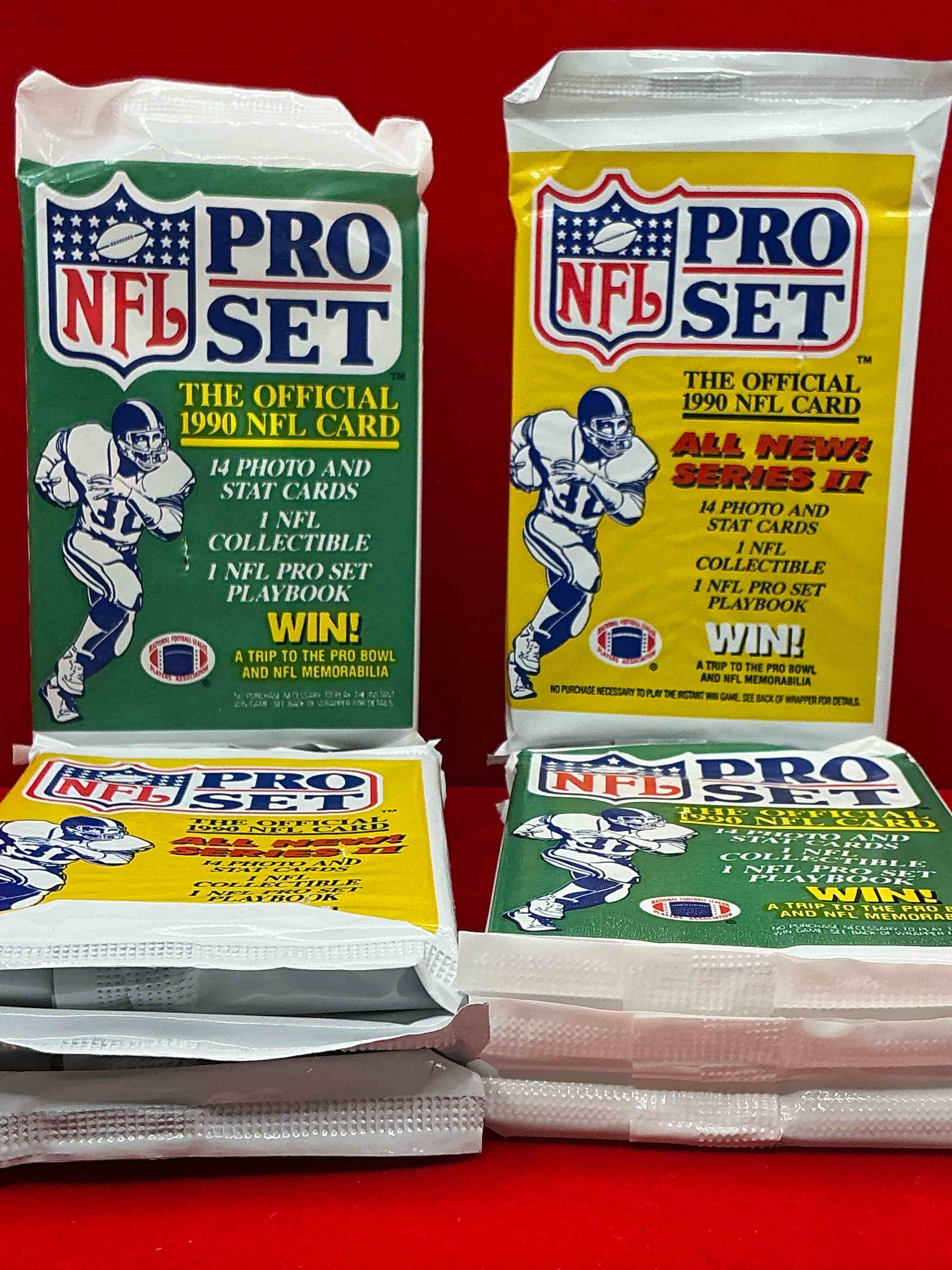 Condition photo showing New/Like New for wow! 1990 pro set football sealed card packs, series i & ii, direct from original retail case!highly sought after by collectors as this year is loaded with high profile cards!search for cards from barry sanders, deion sanders, troy aikman, michael irvin & much more! getting hard to find!