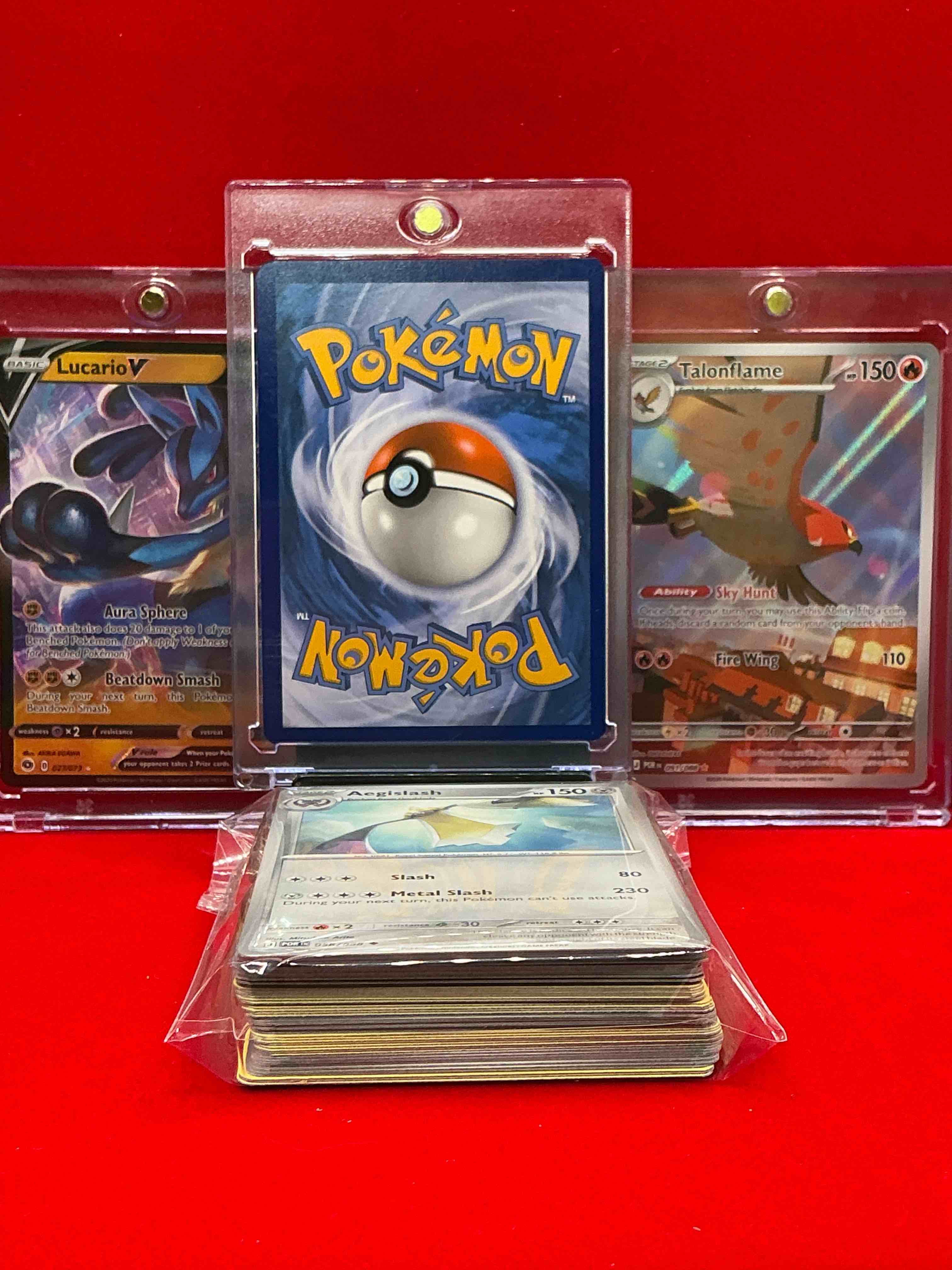 Condition photo showing New/Like New for pikachu v & lucario v! along with a full art talonflame! along with 50 other pokémon heroes, holos, legends & commons- including holographic cards, stage 2 cards, holos in all forms & more! also includes 36 non holo common/ uncommon basic & first stage cards trainers & energy too! perfect set for collectors & enthusiasts!