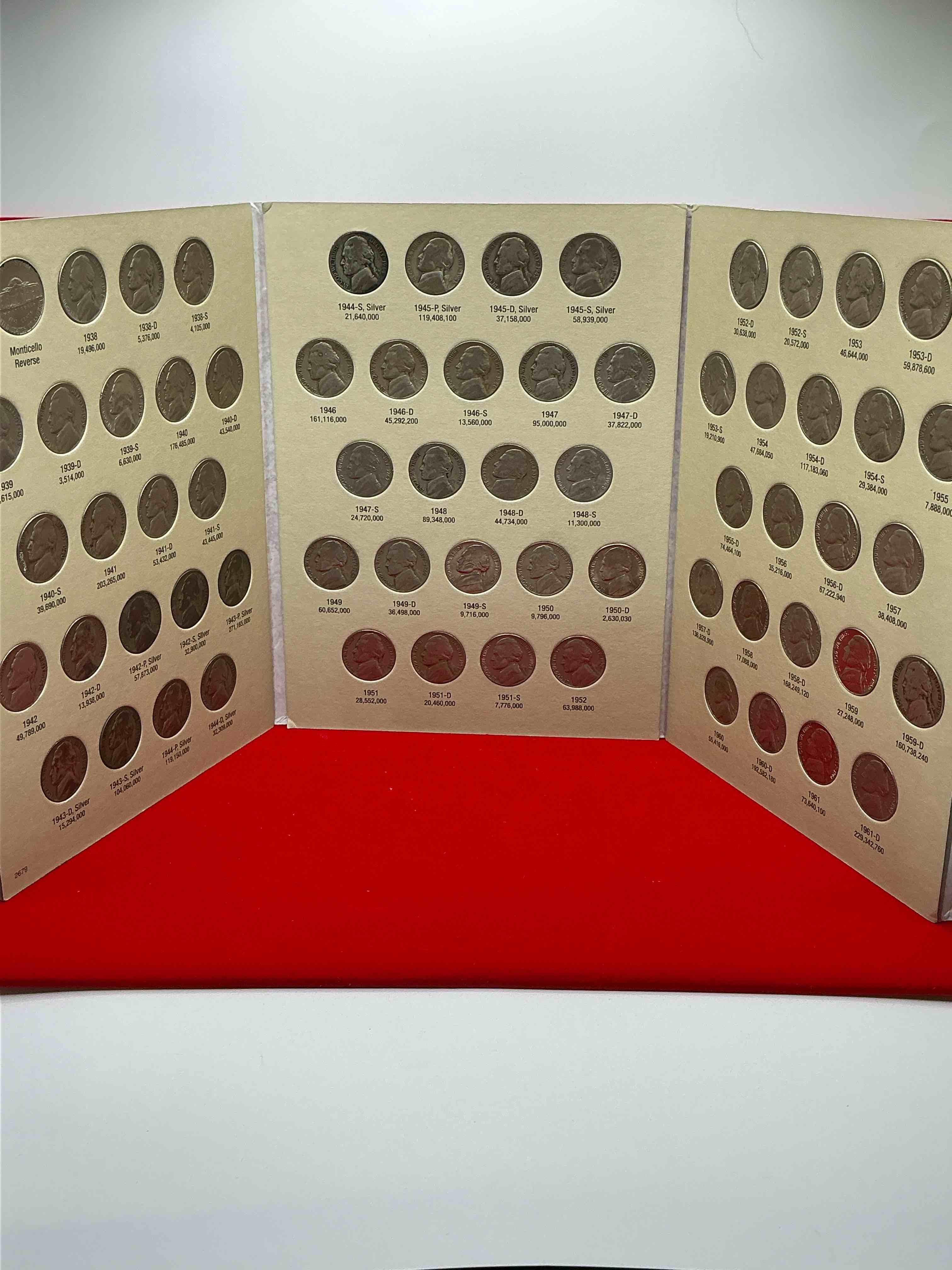 jefferson nickel collection wow!  bid is per nickel, 66 total nickels!  jefferson nickels were minted from 1938 to 1961, up for bid is one each of every nickel ever produced!  collection includes eleven world war 2 era partial silver nickels & ultra rare 1950d  nickel!   includes holding case for all 66 nickels!  bid is per each nickel.  this collection nearly impossible to collect!  