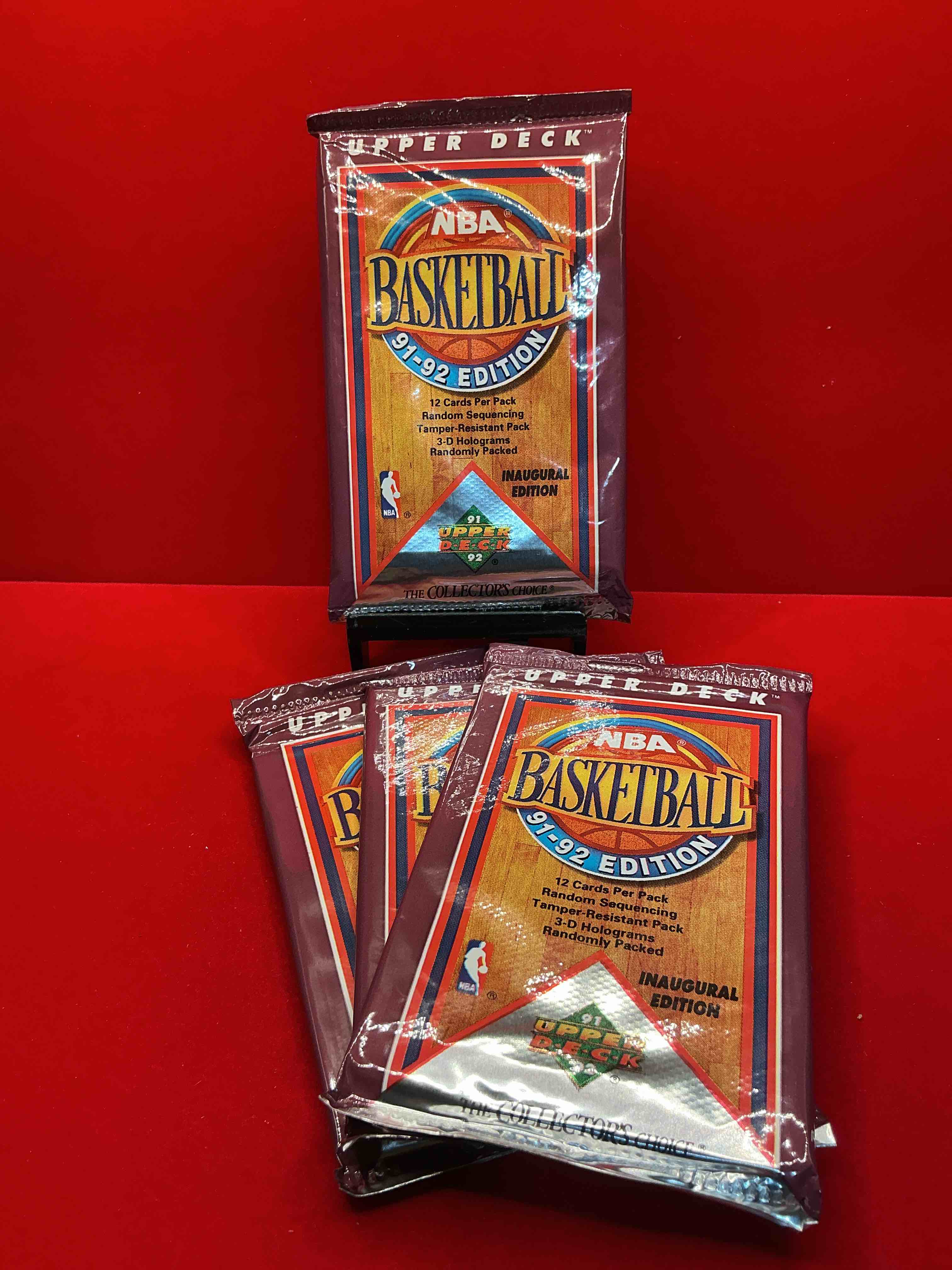 michael jordan?! 1991/92 nba upper deck inaugural edition basketball sealed sports card collectible pack, direct from original retail case! 12 cards per pack, & 3-d holograms randomly packed! search for valuable michael jordan #44, magic vs. jordan card #34 & so many other cool cards! hard to find & drying up!