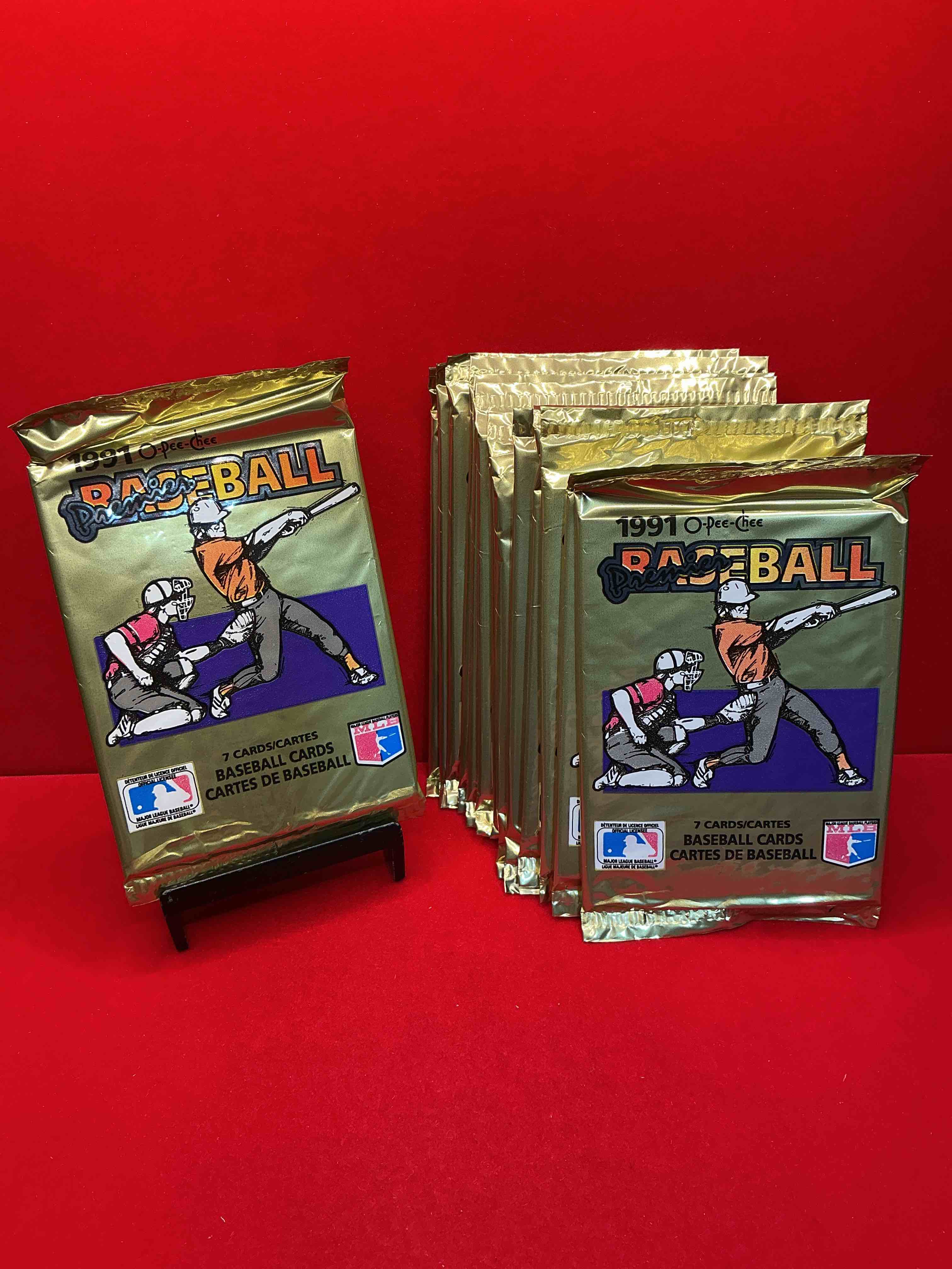 1991 premier baseball o-pee-chee unopened packs, direct from box! rare canadian sports cards with the chance for some great cards inside! baseball extravaganza!