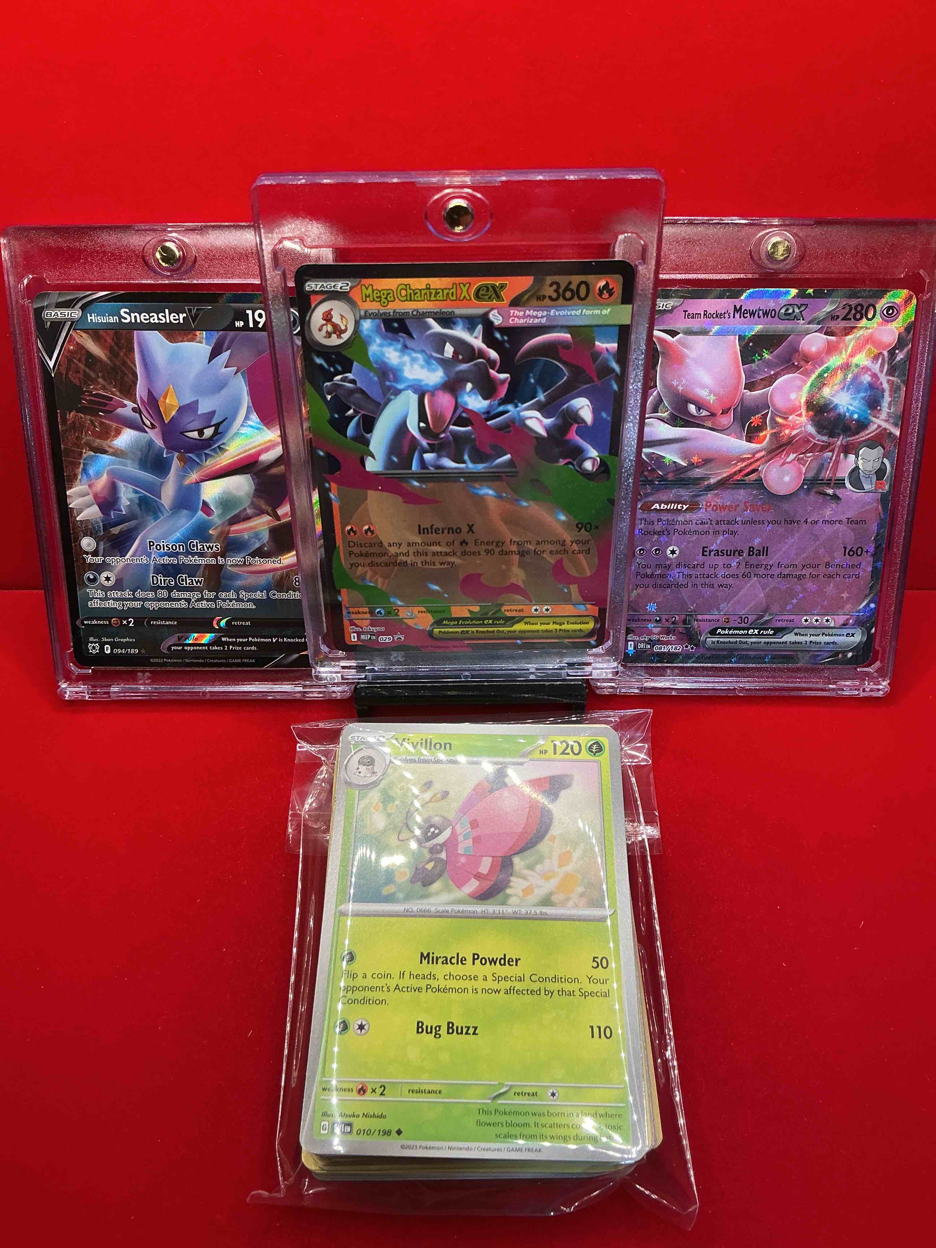 pokémon palooza! mega charizard x ex! mewtwo ex! sneasler v! along with 50 other pokémon heroes, holos, legends & commons- including holographic cards, stage 2 cards, holos in all forms & more! also includes 36 non holo common/ uncommon basic & first stage cards trainers & energy too! perfect set for collectors & enthusiasts!
