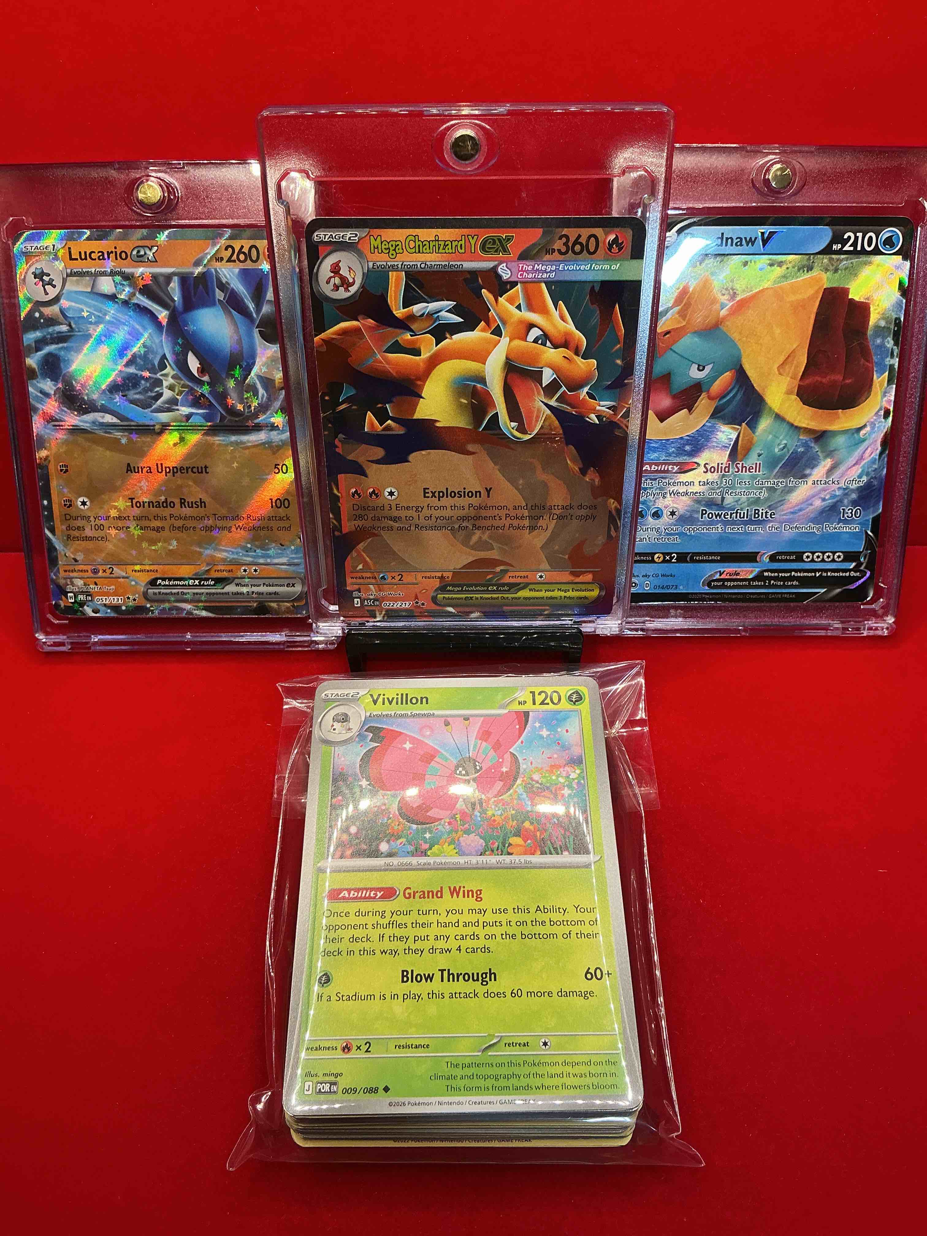 pokémon party! mega charizard y ex! lucario ex! drednaw v! along with 50 other pokémon heroes, holos, legends & commons- including holographic cards, stage 2 cards, holos in all forms & more! also includes 36 non holo common/ uncommon basic & first stage cards trainers & energy too! perfect set for collectors & enthusiasts!