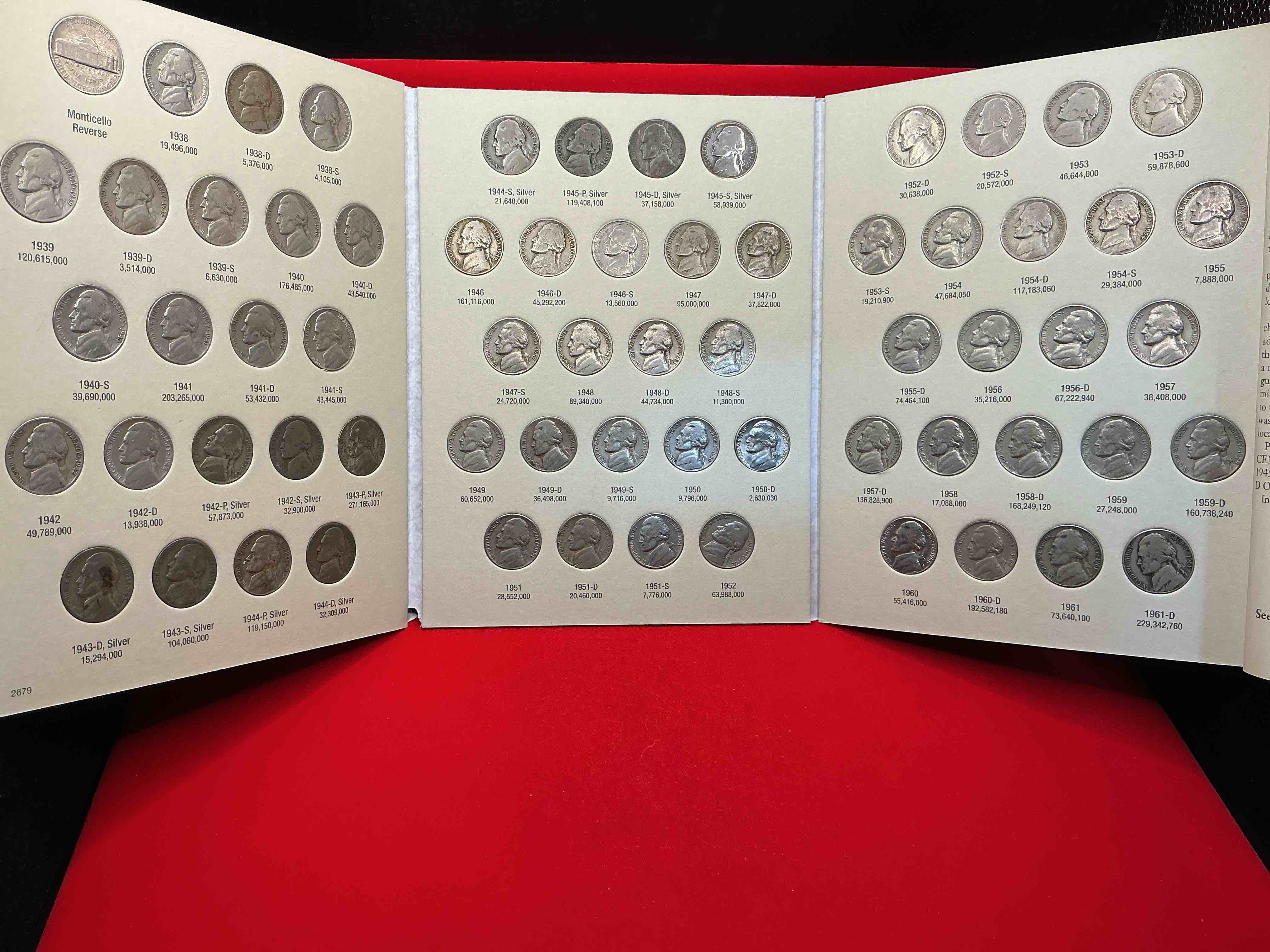 jefferson nickel collection, includes silver, wow! bid is per nickel, 66 total nickels! jefferson nickels were minted from 1938 to 1961, up for bid is one each of every nickel ever produced! collection includes eleven world war 2 era partial silver nickels & ultra rare 1950d nickel! includes holding case for all 66 nickels! bid is per each nickel. this collection nearly impossible to collect!