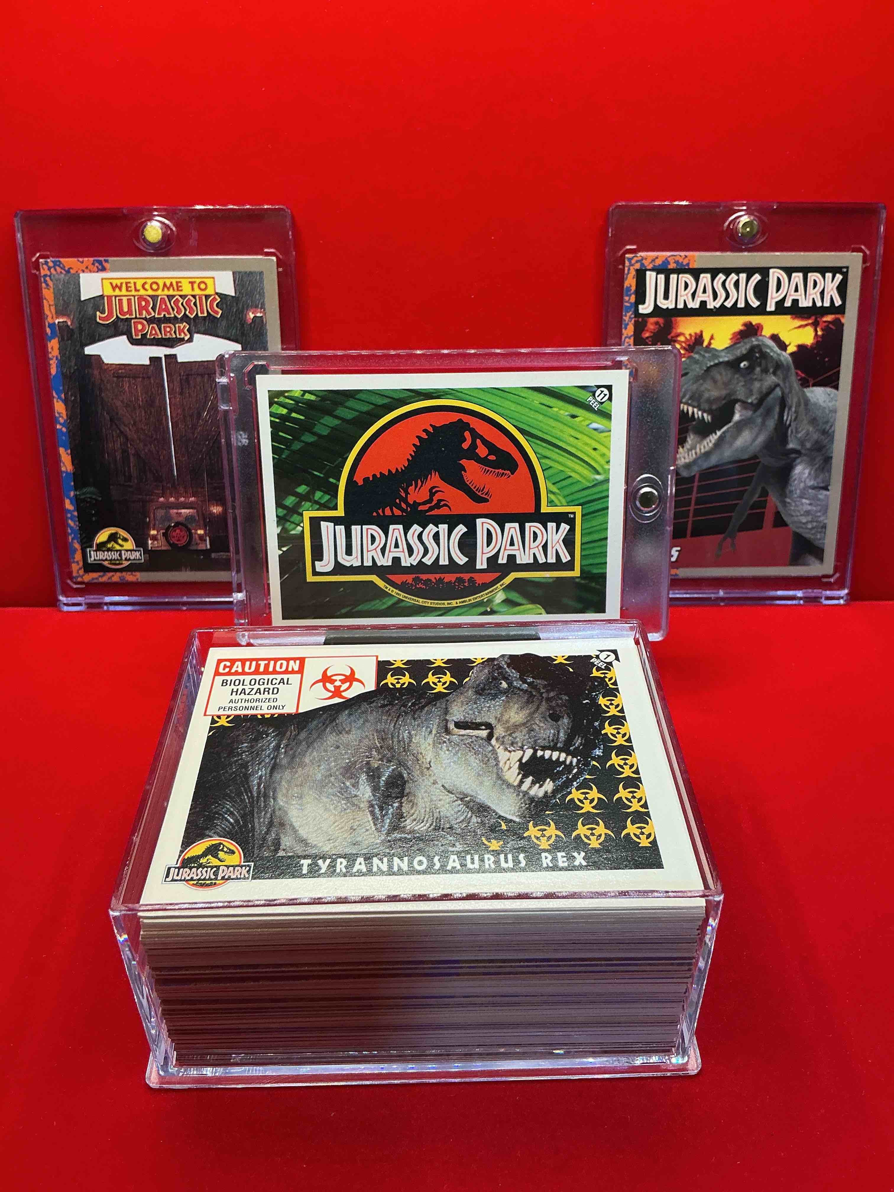 1993 dinosaur history! complete, authentic, original jurassic park movie card & sticker set, excellent condition!  own a piece of spielberg’s masterpiece!  a serious pop culture collector item & very rare & hard to find with all 88 cards & 11 stickers!  