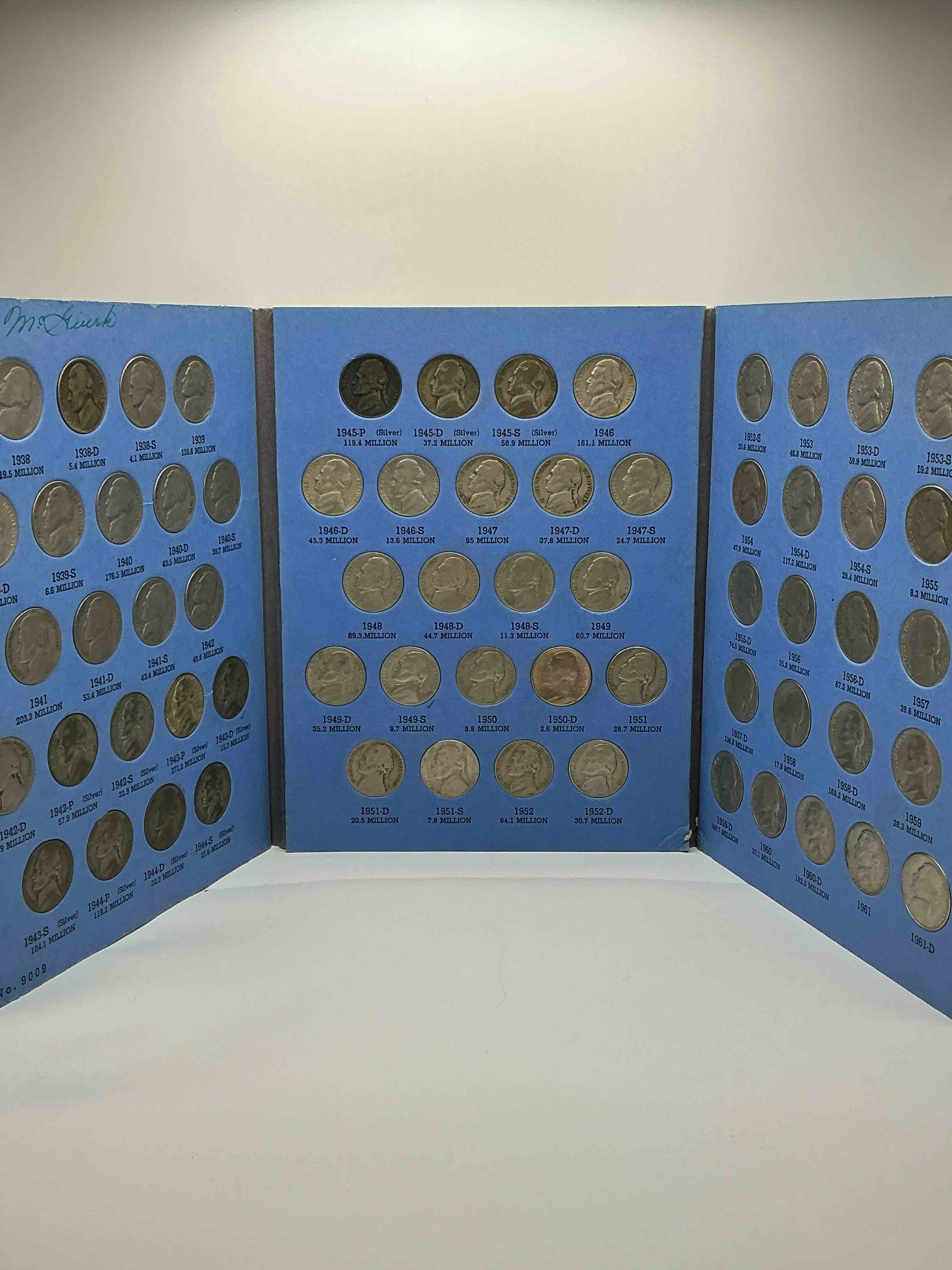 jefferson nickel collection wow!  bid is per nickel, 66 total nickels!  jefferson nickels were minted from 1938 to 1961, up for bid is one each of every nickel ever produced!  collection includes eleven world war 2 era partial silver nickels & ultra rare 1950d  nickel!   includes holding case for all 66 nickels!  bid is per each nickel.  this collection nearly impossible to collect!  