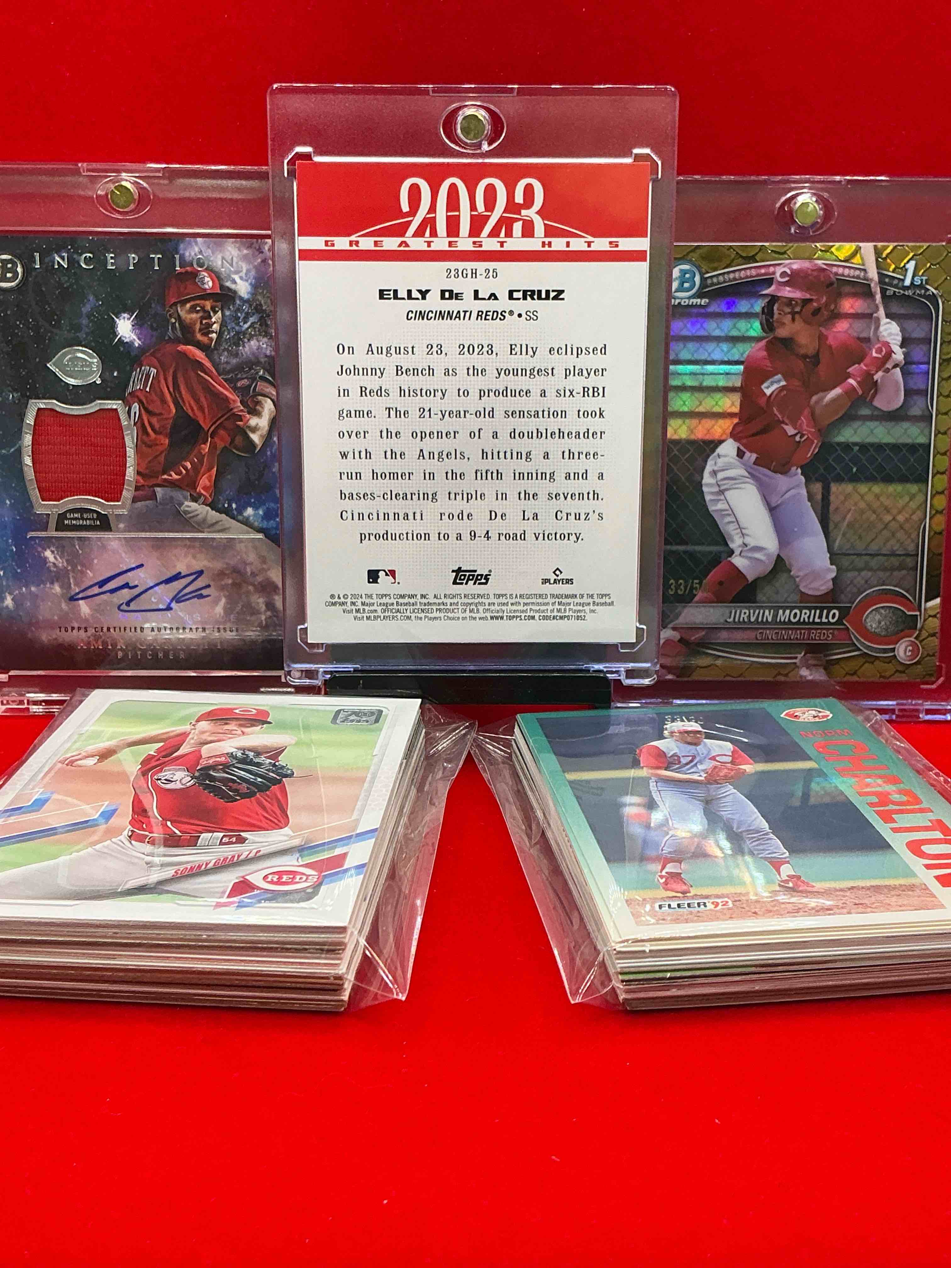 Condition photo showing New/Like New for elly de la cruz topps rookie, inception amir carrey patch autograph & /50 morillo snakeskin wow! 50 card lot reds lot, vintage & modern rookies & more!