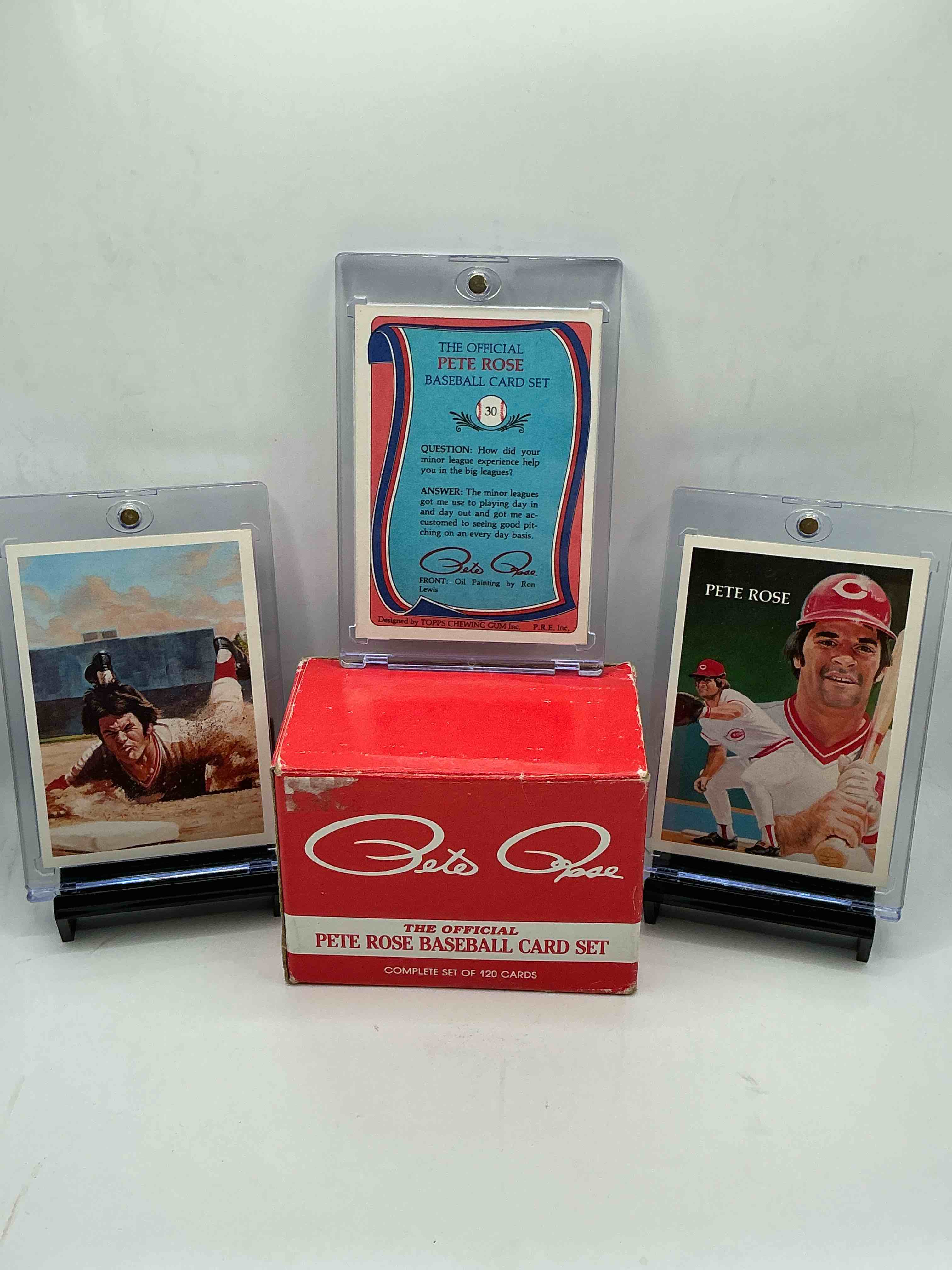 Condition photo showing New/Like New for (set of 120 cards) rare pete rose 1985 wow! ultra rare, authentic, official mlb pete rose baseball cards, complete 120 card set with original box! bid is per card. your chance to own very rare, original pete rose memorabilia from 1985!
