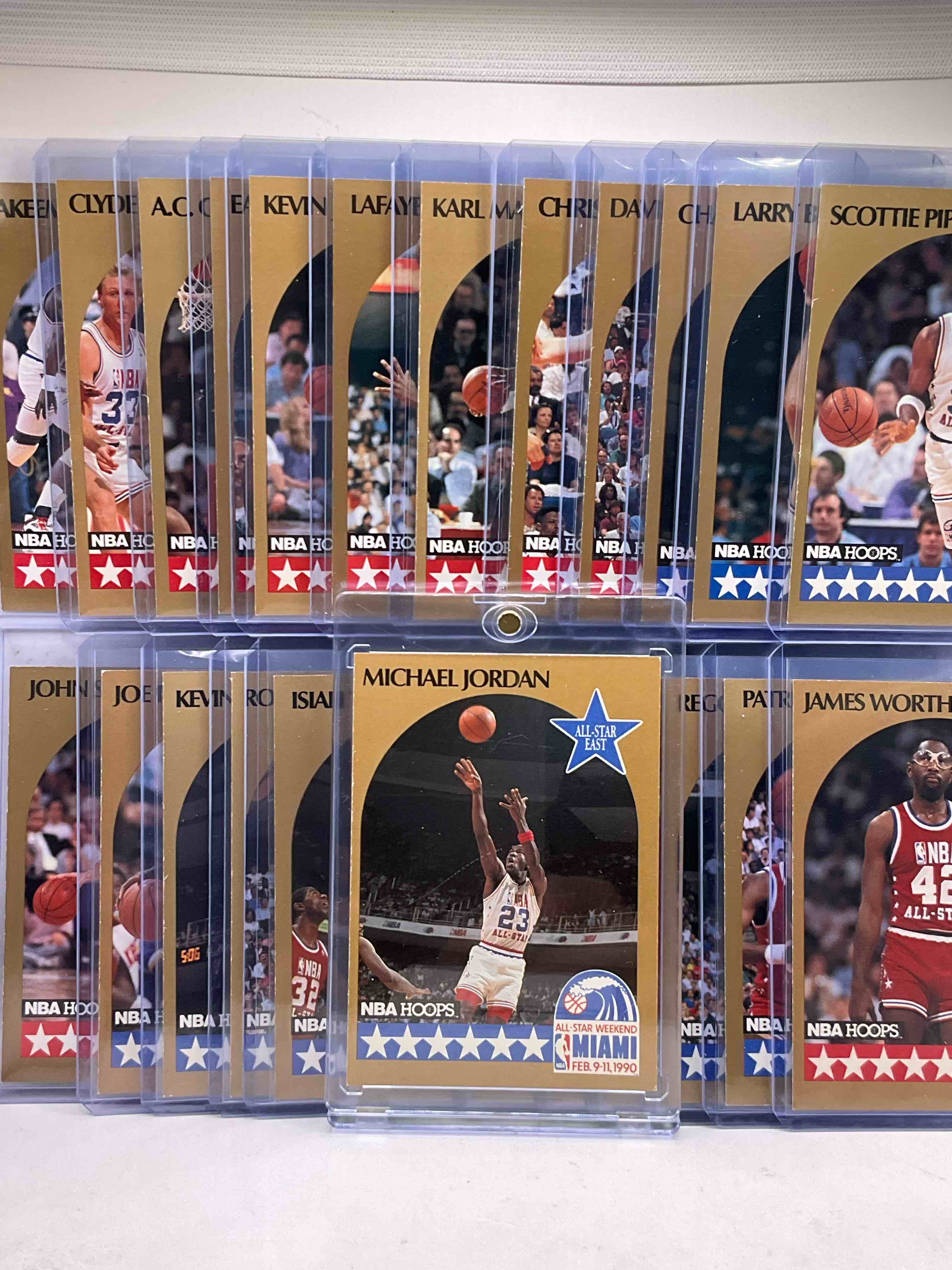 nba insanity! 1990 all star nba hoops cards! michael jordan, larry bird, magic johnson, dominque wilkins, hakeem olajuwon, pippen, barkley, malone, drexler, stockton & more! wow! basketball card lot!