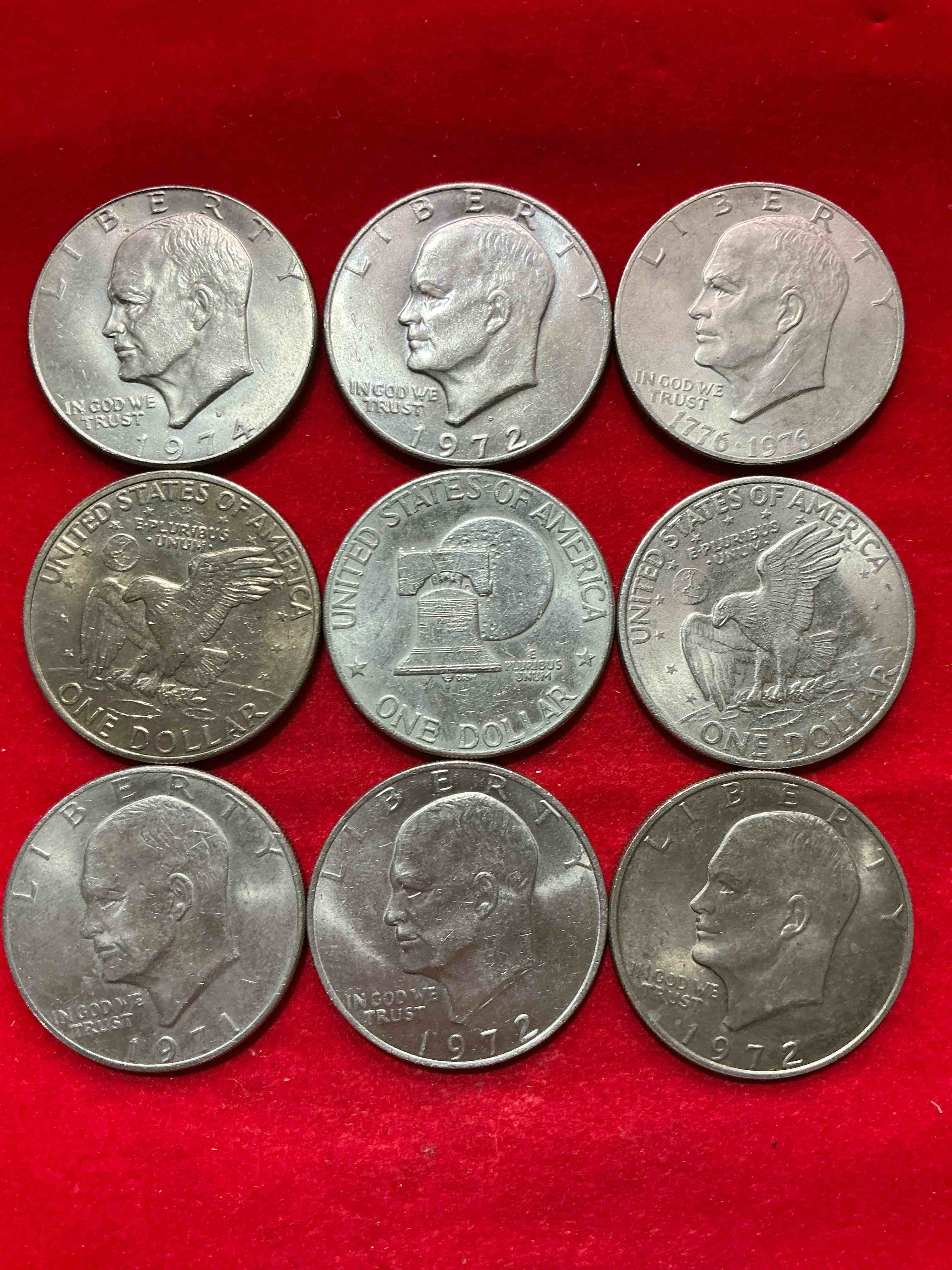 Condition photo showing Good Condition for gorgeous eisenhower dollars! here are circulated “ike” dollars! up for auction are ike one dollar coins from different years! awesome ike dollars! even includes rare bicentennial 1976 edition