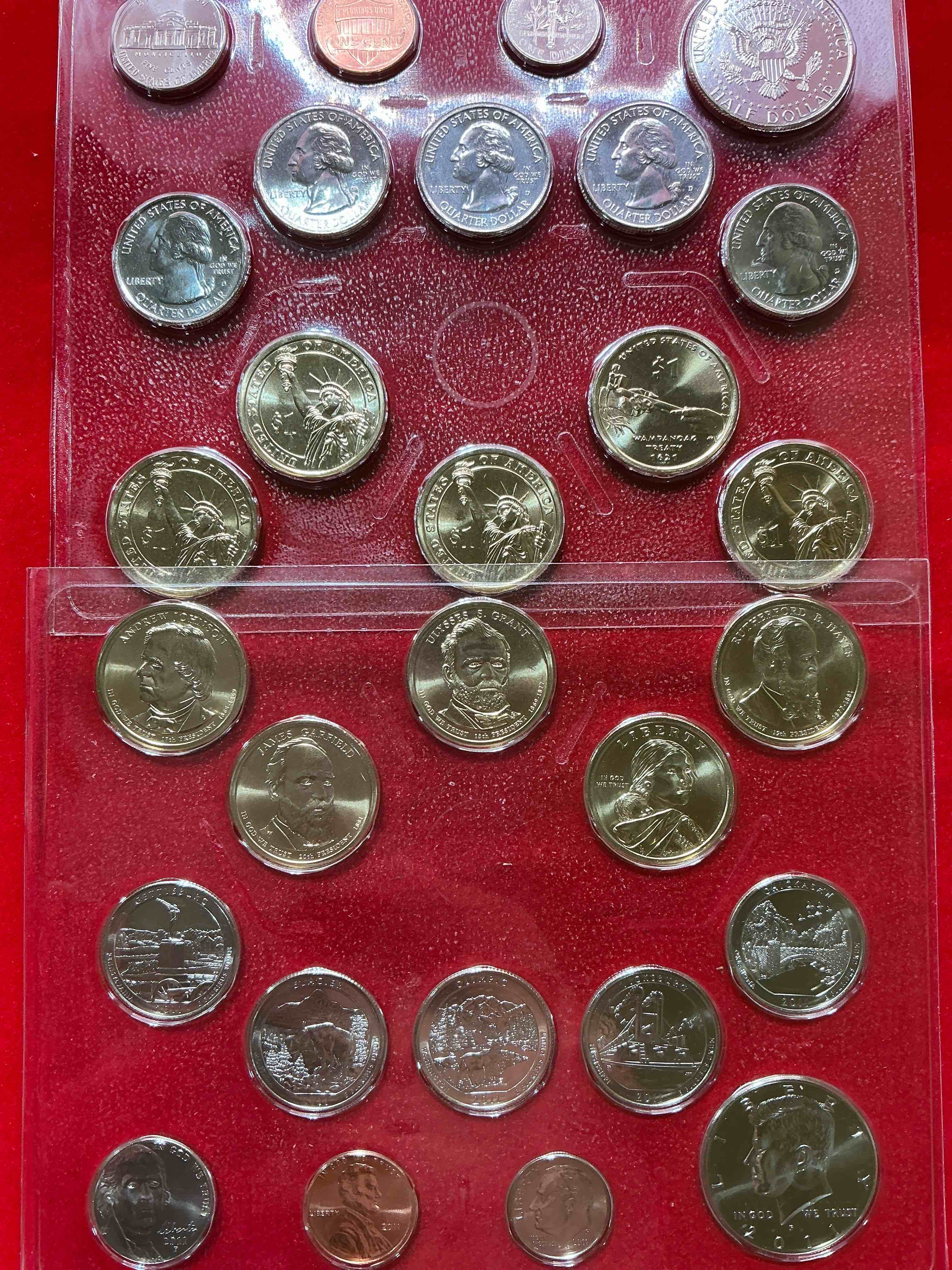 2011 uncirculated mint coins! 28 coin lot, with multiple dollar coins, half dollars, quarters, dimes, nickels & pennies! wow!